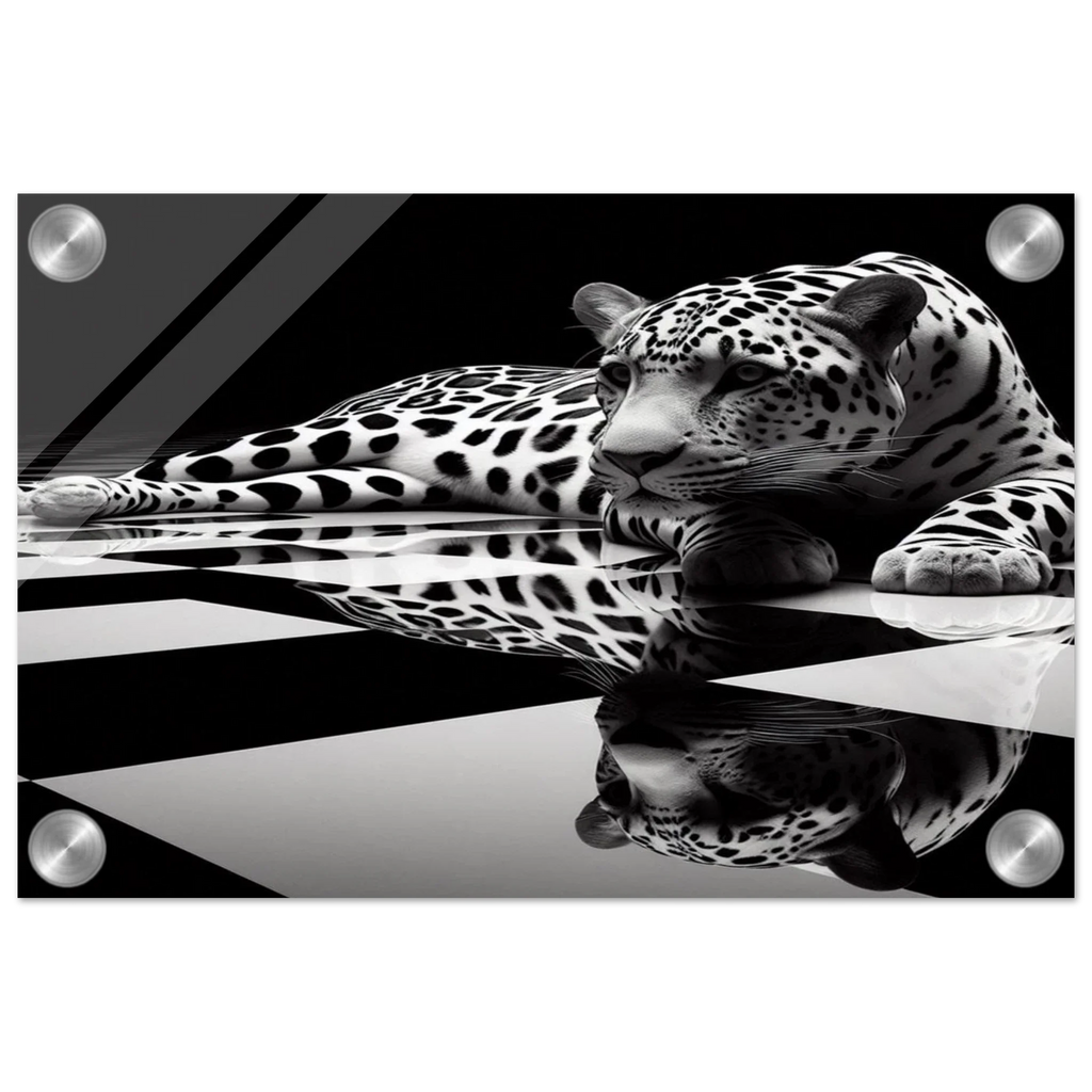 Leopard Acrylic Print on Black and White Checkered Floor – Glossy Finish Wall Art - Print Material -