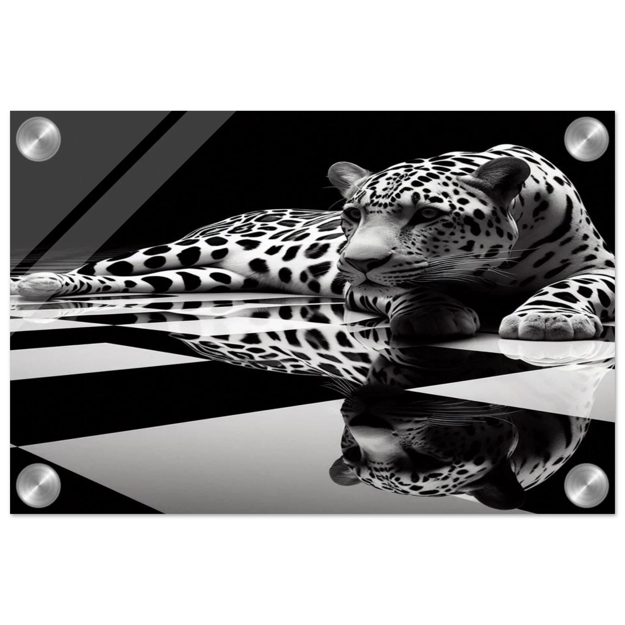 Leopard Acrylic Print on Black and White Checkered Floor – Glossy Finish Wall Art - Print Material -