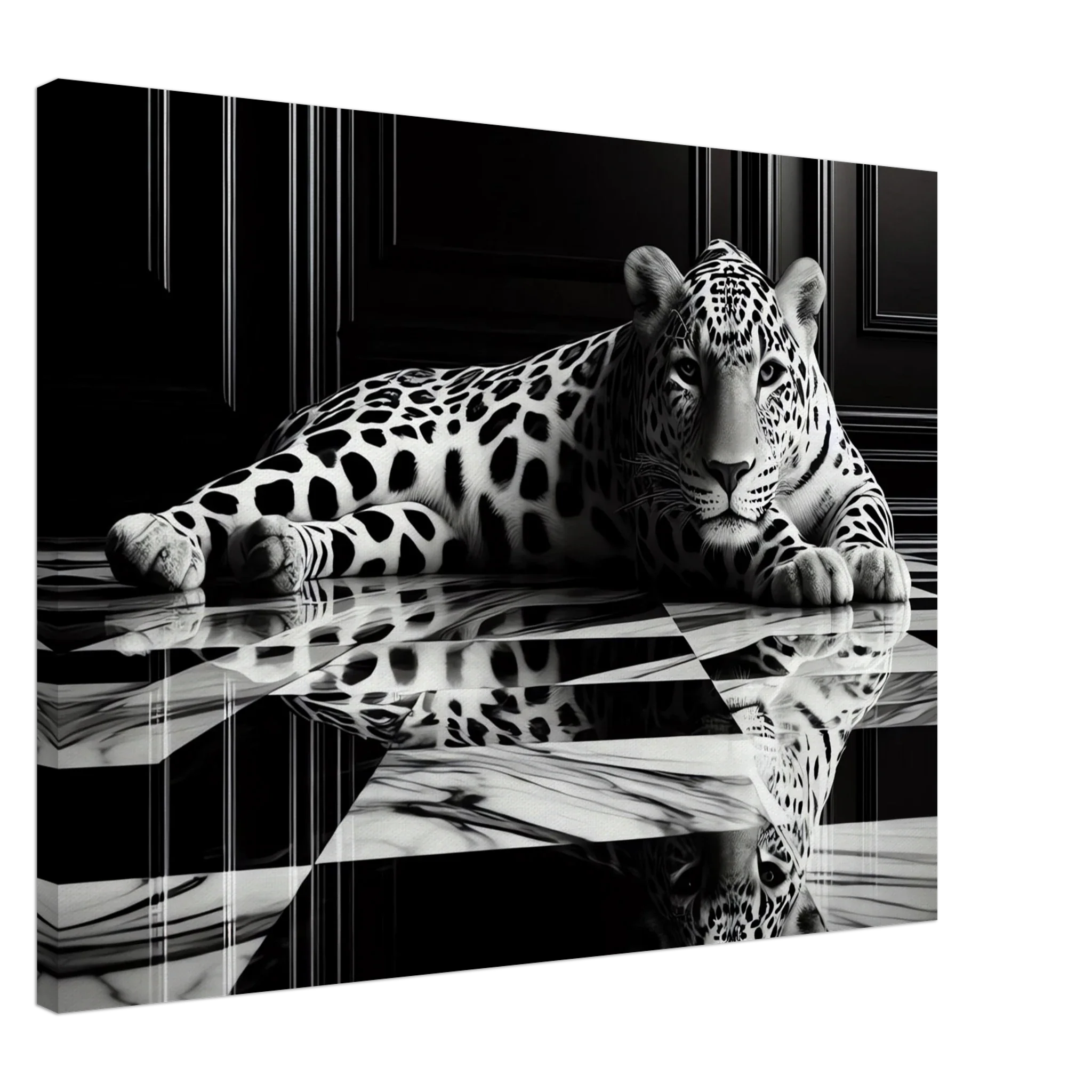 Leopard Canvas Art Print – Striking Design on Black & White Checkered Marble Floor - Print Material -