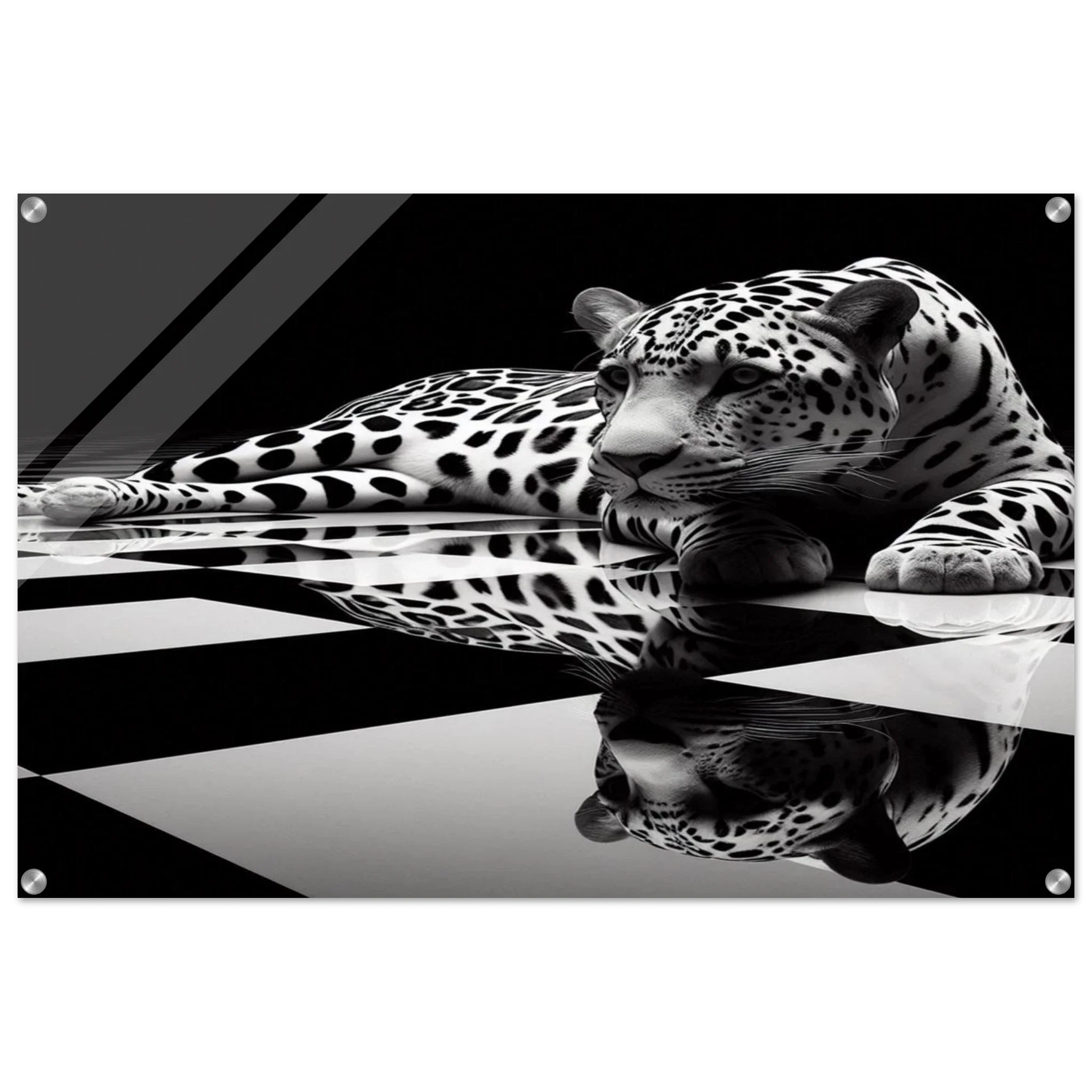 Leopard Acrylic Print on Black and White Checkered Floor – Glossy Finish Wall Art - Print Material -