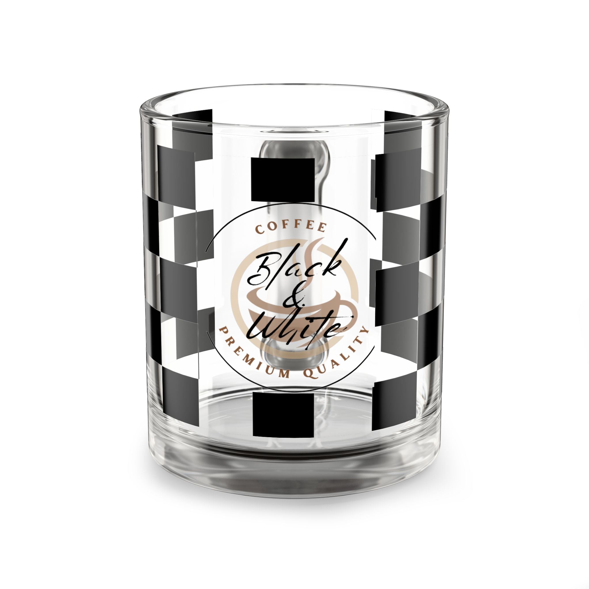 Chic Checkered Glass Mug - 10oz, Modern Coffee Cup, Stylish Drinkware, Unique Gift Idea, Trendy Home Decor, Black & White Design