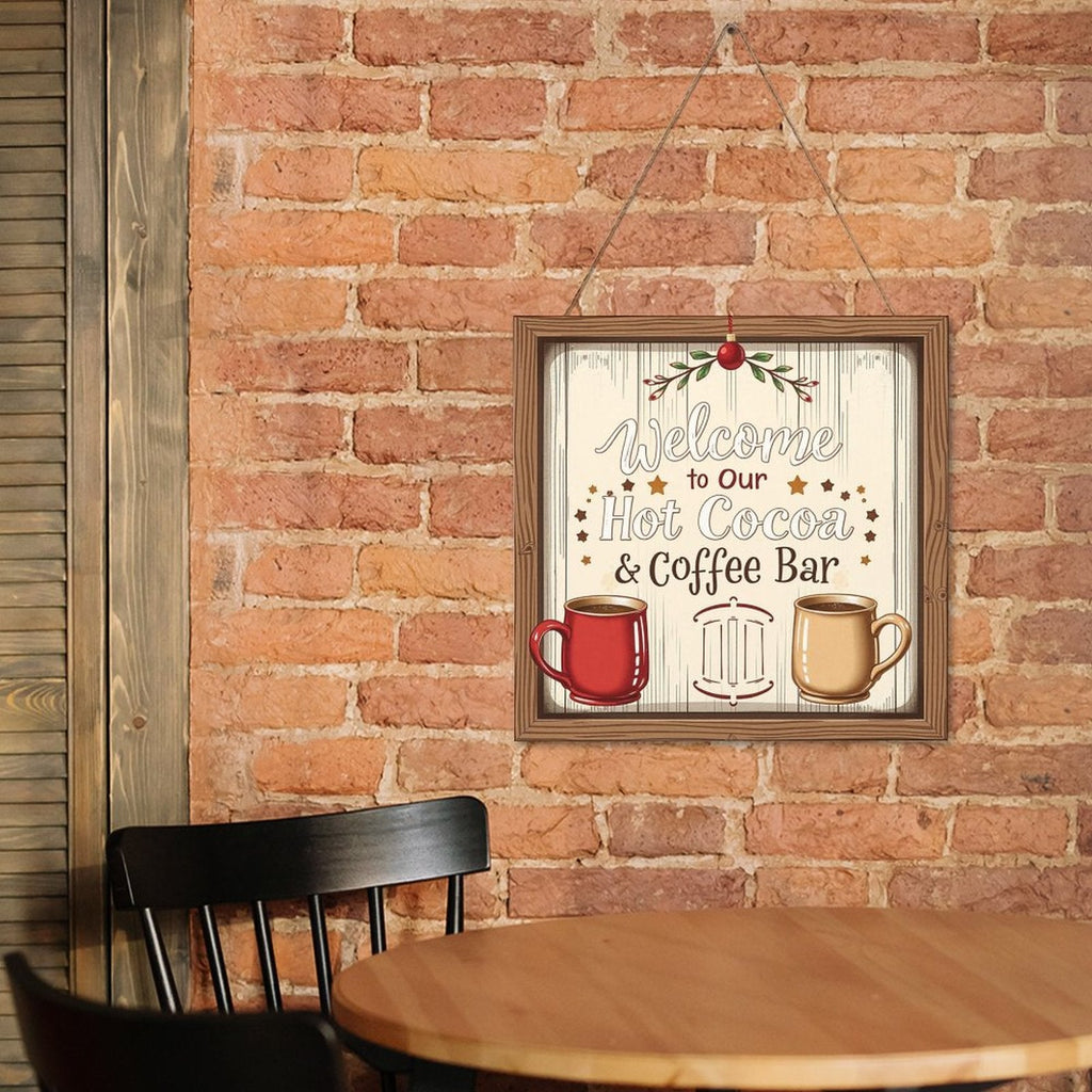 Welcome Coffe Bar Christmas Hot Cocoa Sign Square Wood Wall Decor Hanging Sign-12"x12"/30x30cm