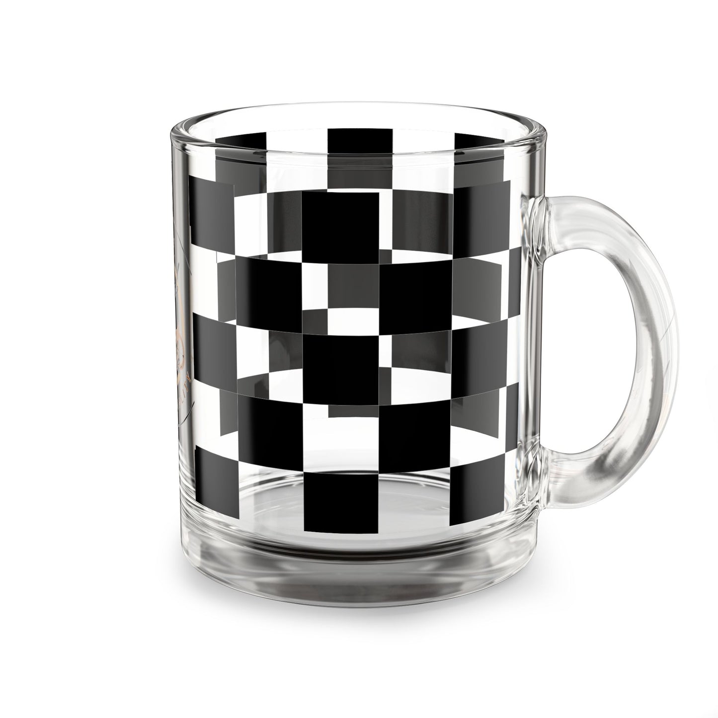 Chic Checkered Glass Mug 10oz with black and white checkered pattern, clear glass, and ergonomic handle for stylish drinkware.