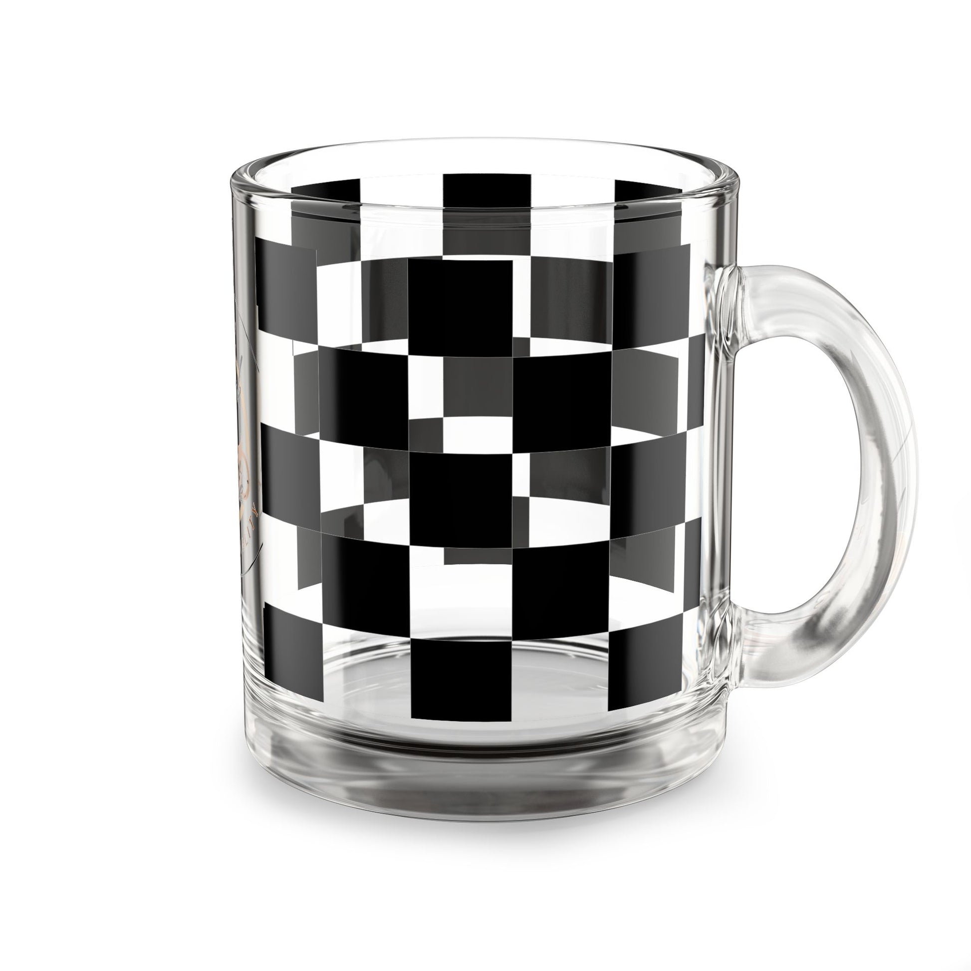 Chic Checkered Glass Mug 10oz with black and white checkered pattern, clear glass, and ergonomic handle for stylish drinkware.