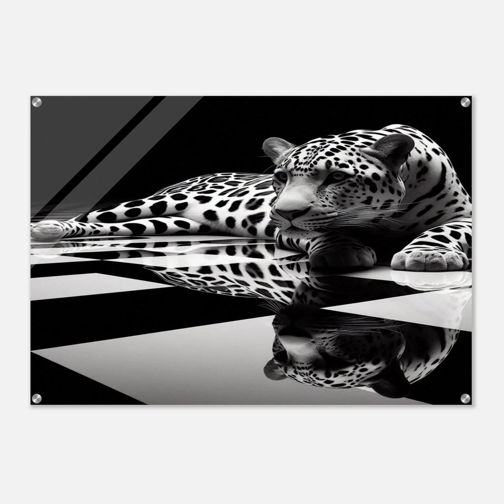 Leopard Acrylic Print on Black and White Checkered Floor – Glossy Finish Wall Art - Print Material -
