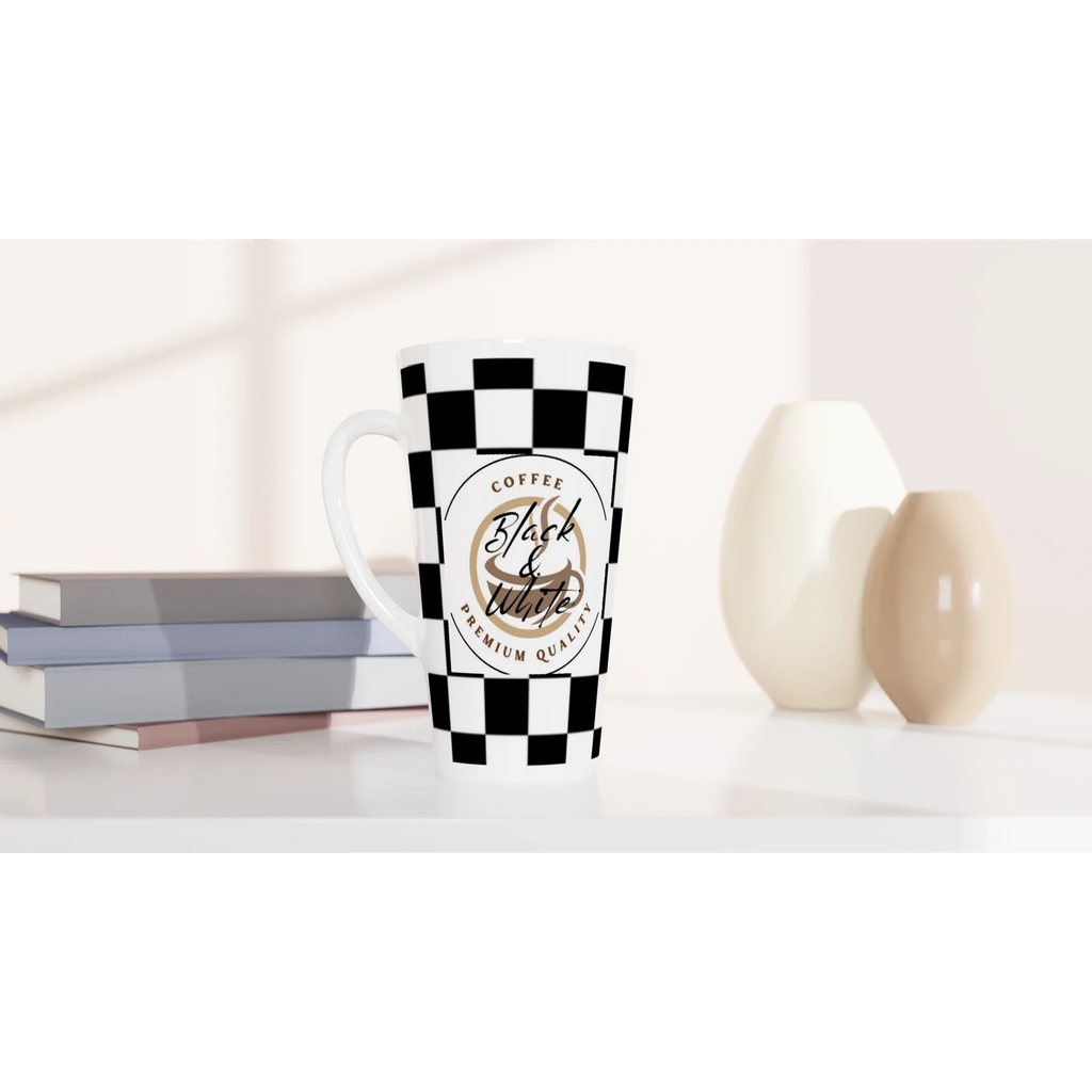 Elegant Black and White Checkered Ceramic Latte Mug - 17oz Coffee Cup - Print Material -
