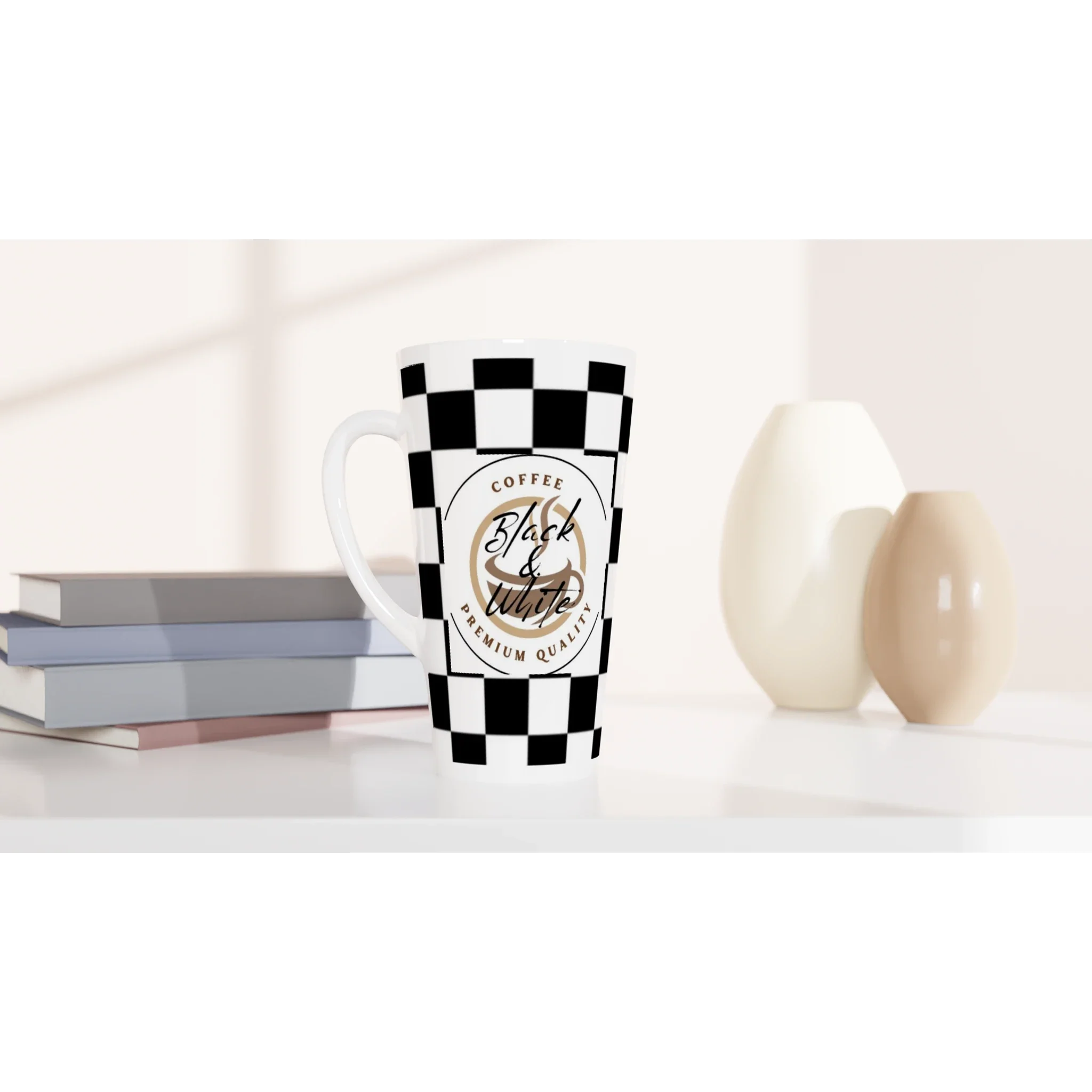 Elegant Black and White Checkered Ceramic Latte Mug - 17oz Coffee Cup - Print Material -