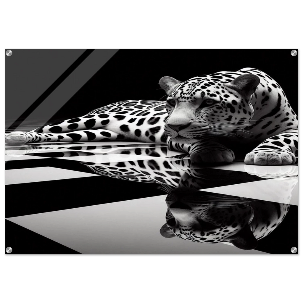 Leopard Acrylic Print on Black and White Checkered Floor – Glossy Finish Wall Art - Print Material -