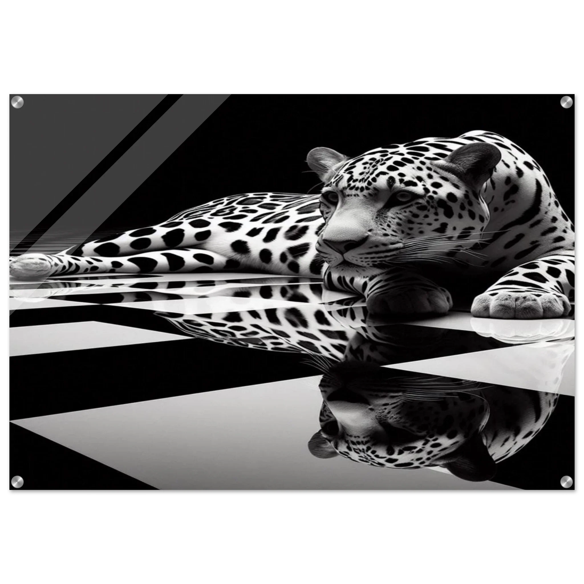 Leopard Acrylic Print on Black and White Checkered Floor – Glossy Finish Wall Art - Print Material -