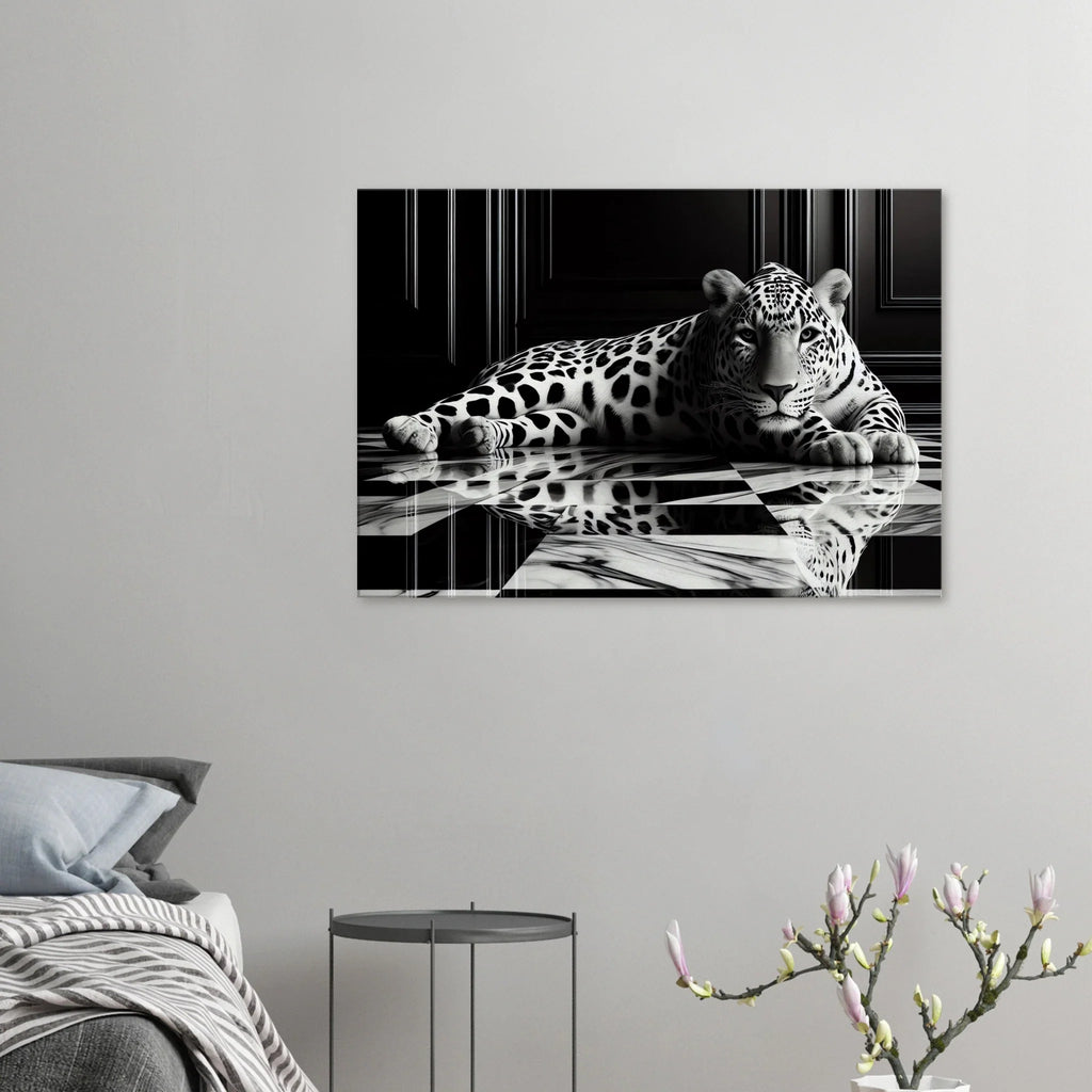 Leopard Canvas Art Print – Striking Design on Black & White Checkered Marble Floor - Print Material -