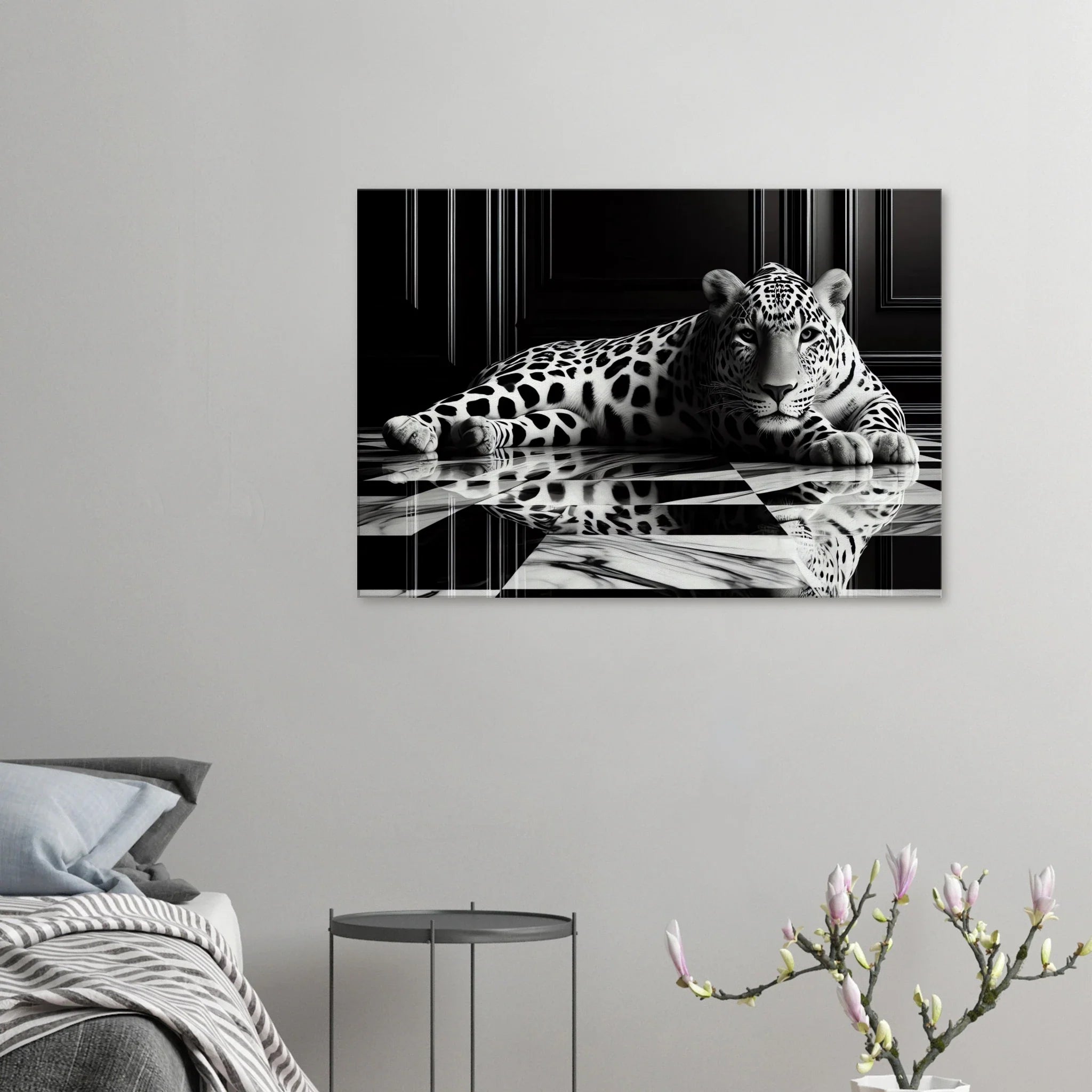 Leopard Canvas Art Print – Striking Design on Black & White Checkered Marble Floor - Print Material -