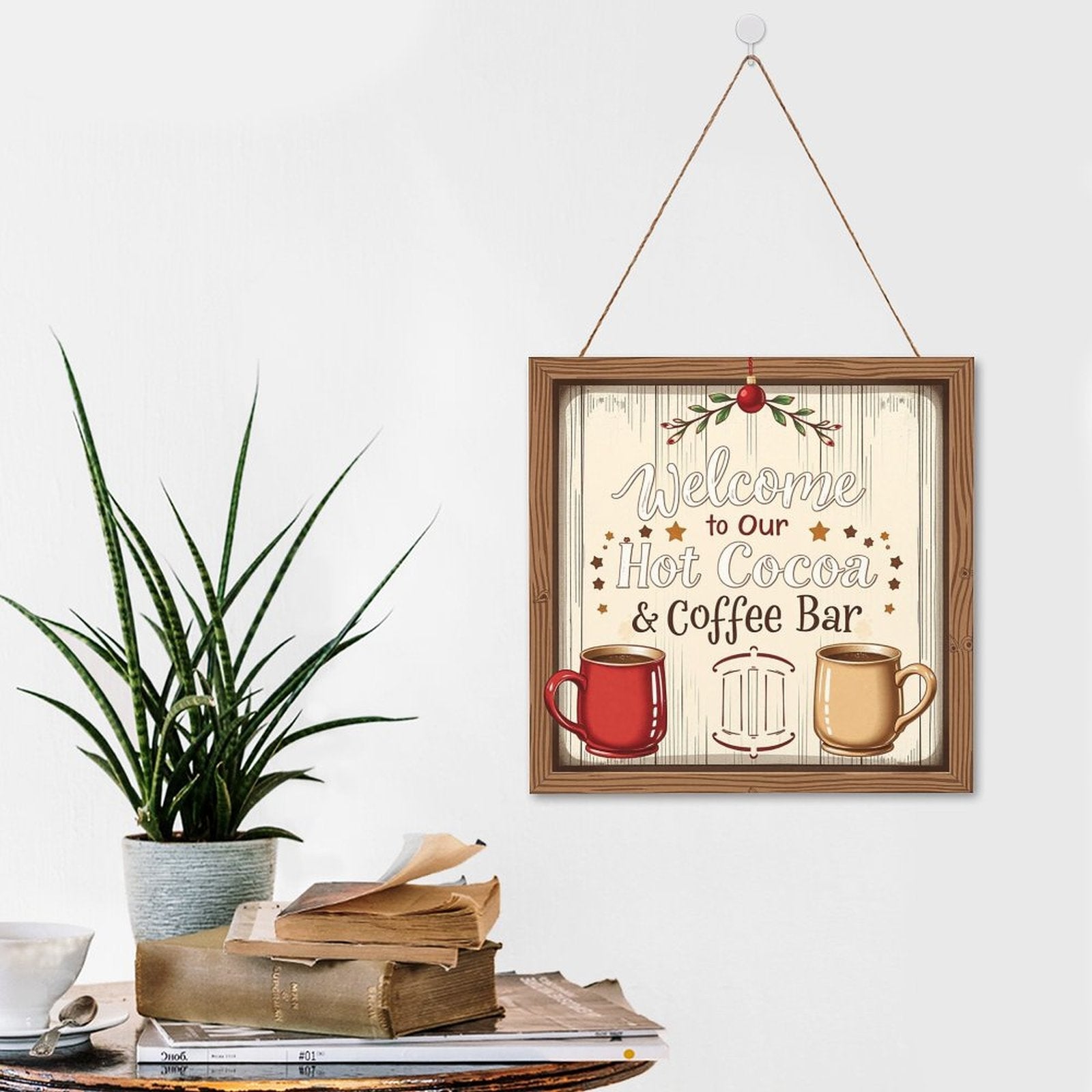 Welcome Coffe Bar Christmas Hot Cocoa Sign Square Wood Wall Decor Hanging Sign-12"x12"/30x30cm
