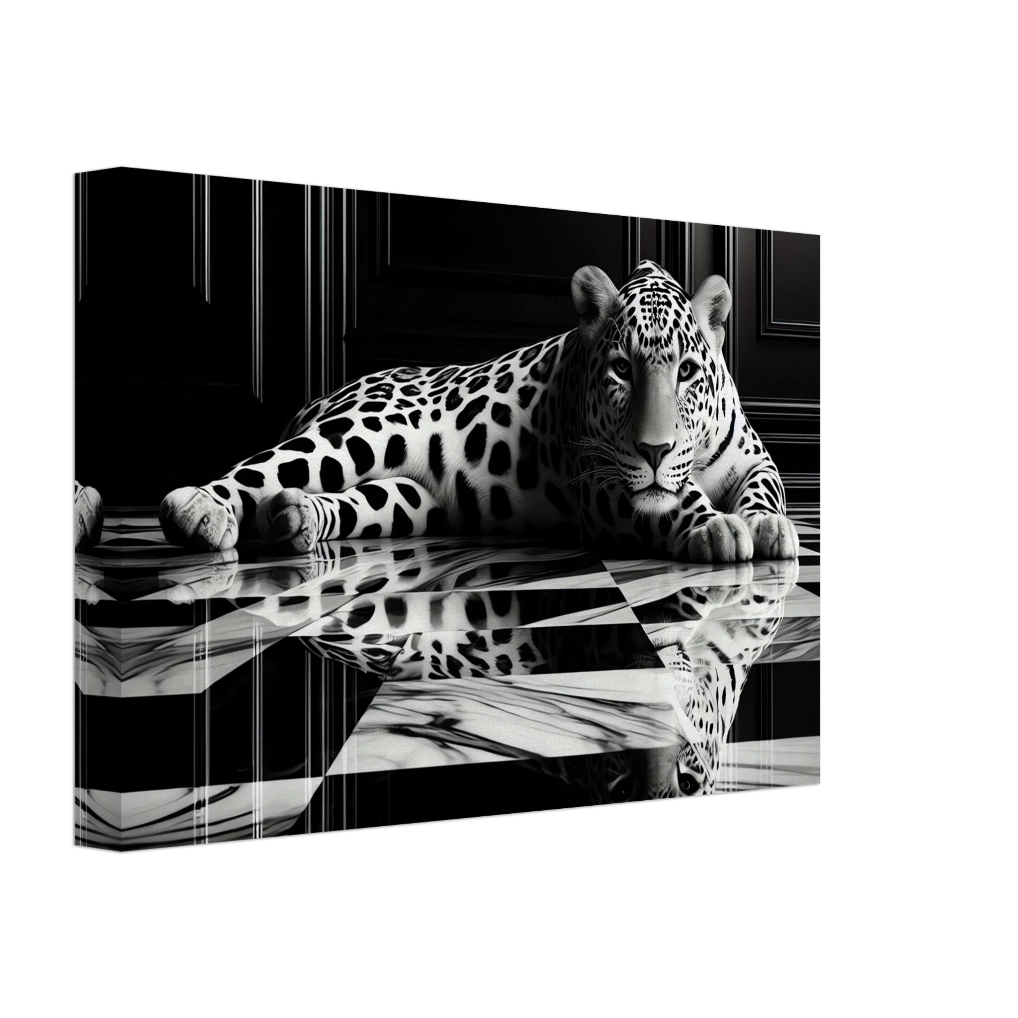 Leopard Canvas Art Print – Striking Design on Black & White Checkered Marble Floor - Print Material -