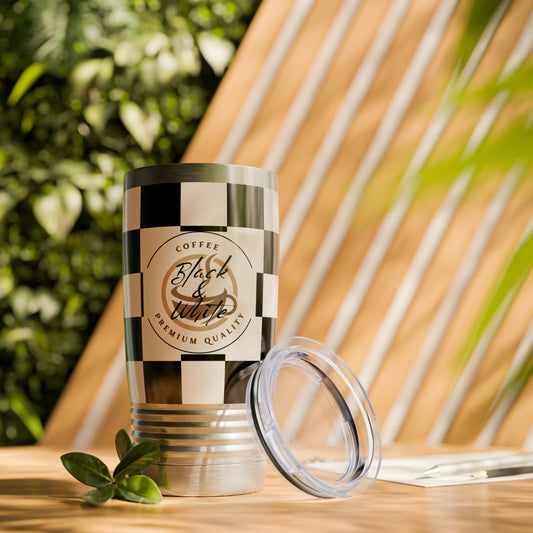 Chic Black & White Checker Print Tumbler 20oz travel mug with spill-resistant lid and double-wall insulation for hot or cold drinks.