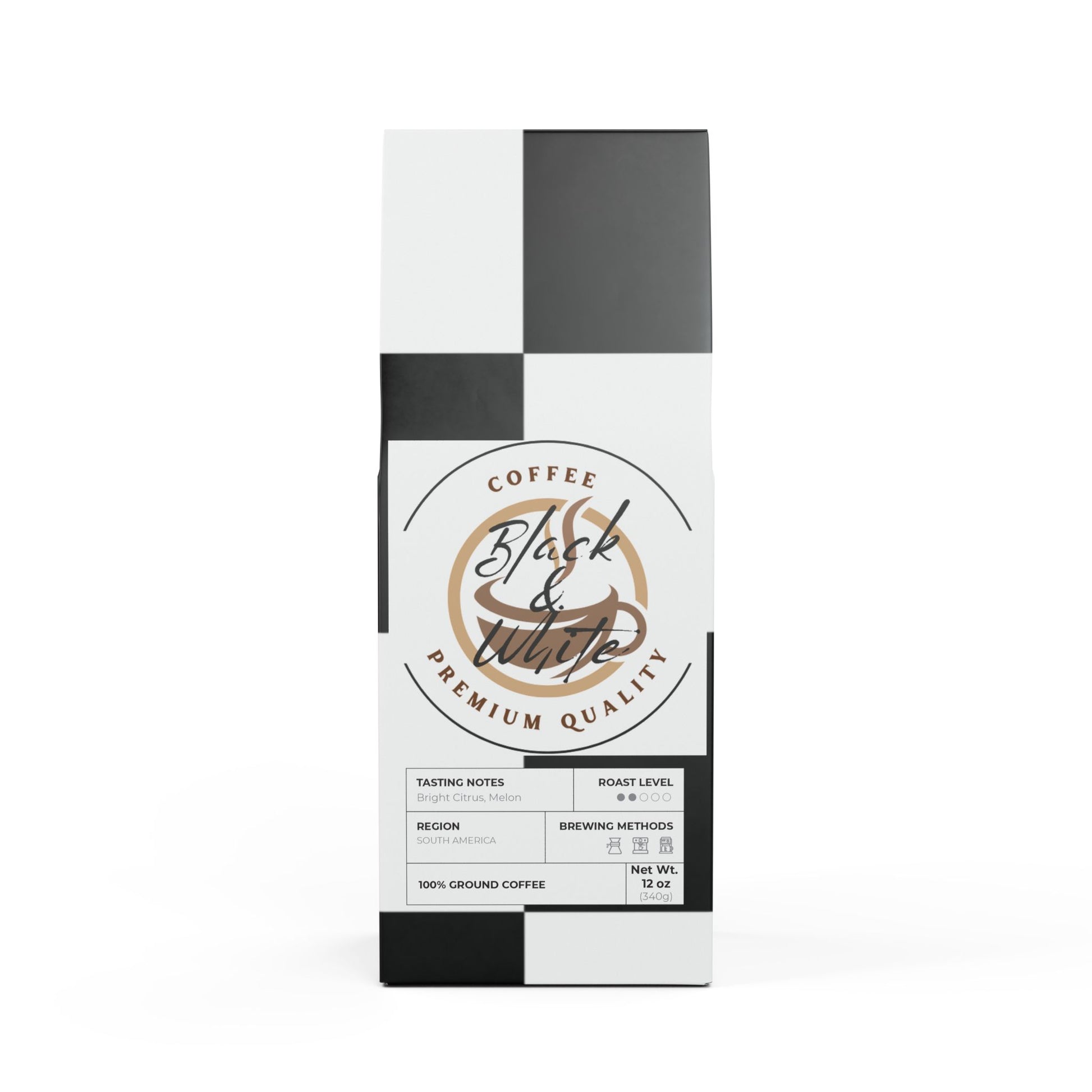 Coffee bag with black and white checkered top.