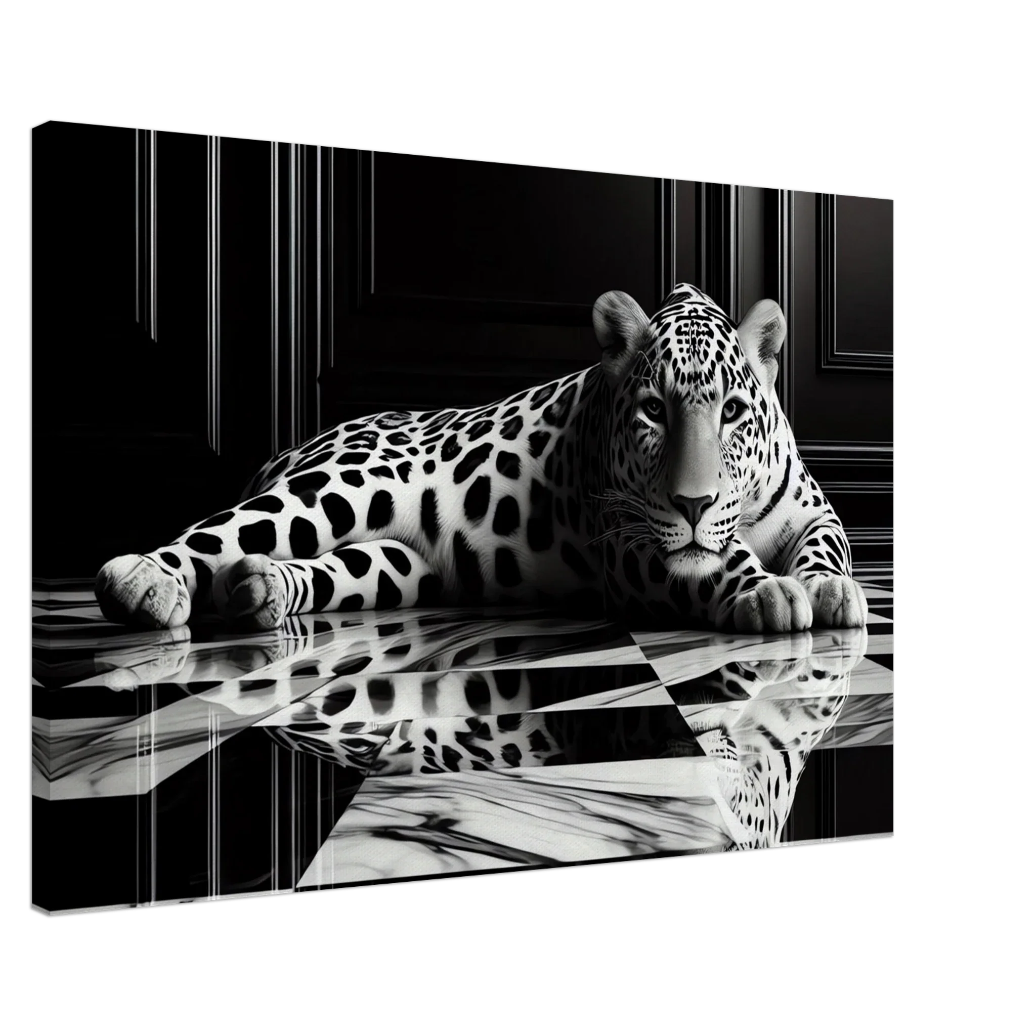 Leopard Canvas Art Print – Striking Design on Black & White Checkered Marble Floor - Print Material -
