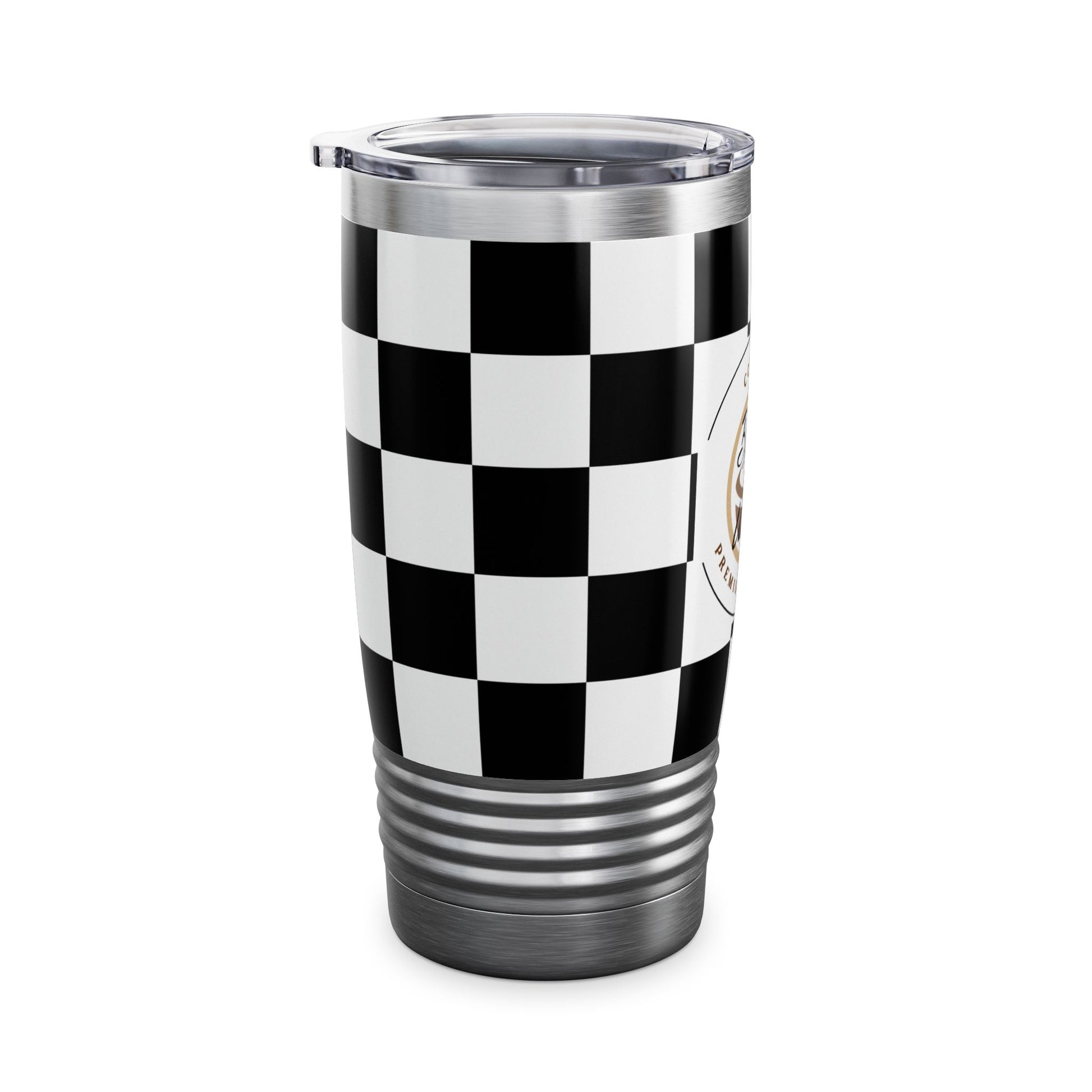 Chic Black & White Checker Print Tumbler 20oz travel mug with ribbed grip and spill-resistant lid for hot or cold drinks.