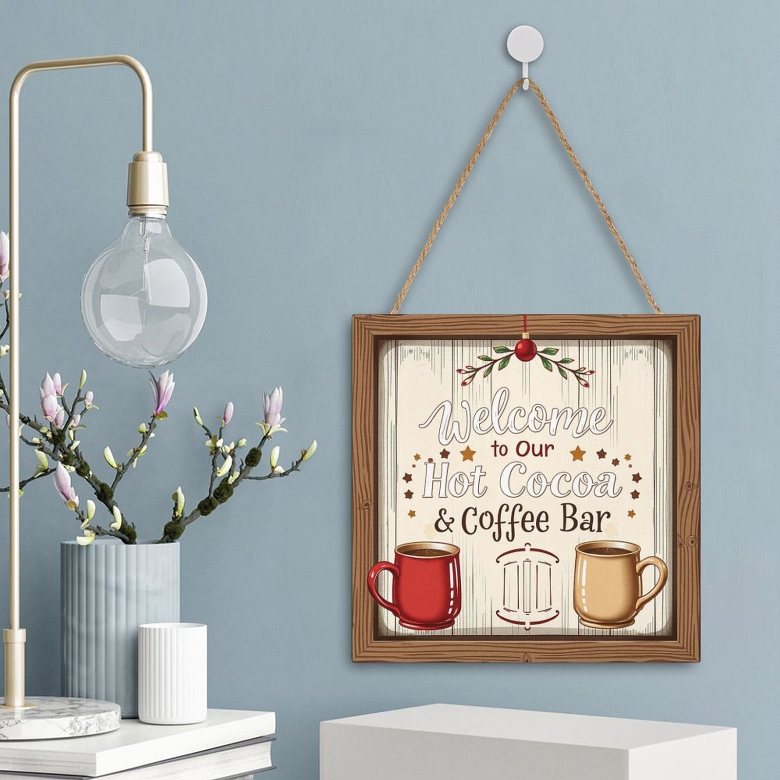 Welcome Coffe Bar Christmas Hot Cocoa Sign Square Wood Wall Decor Hanging Sign-12"x12"/30x30cm