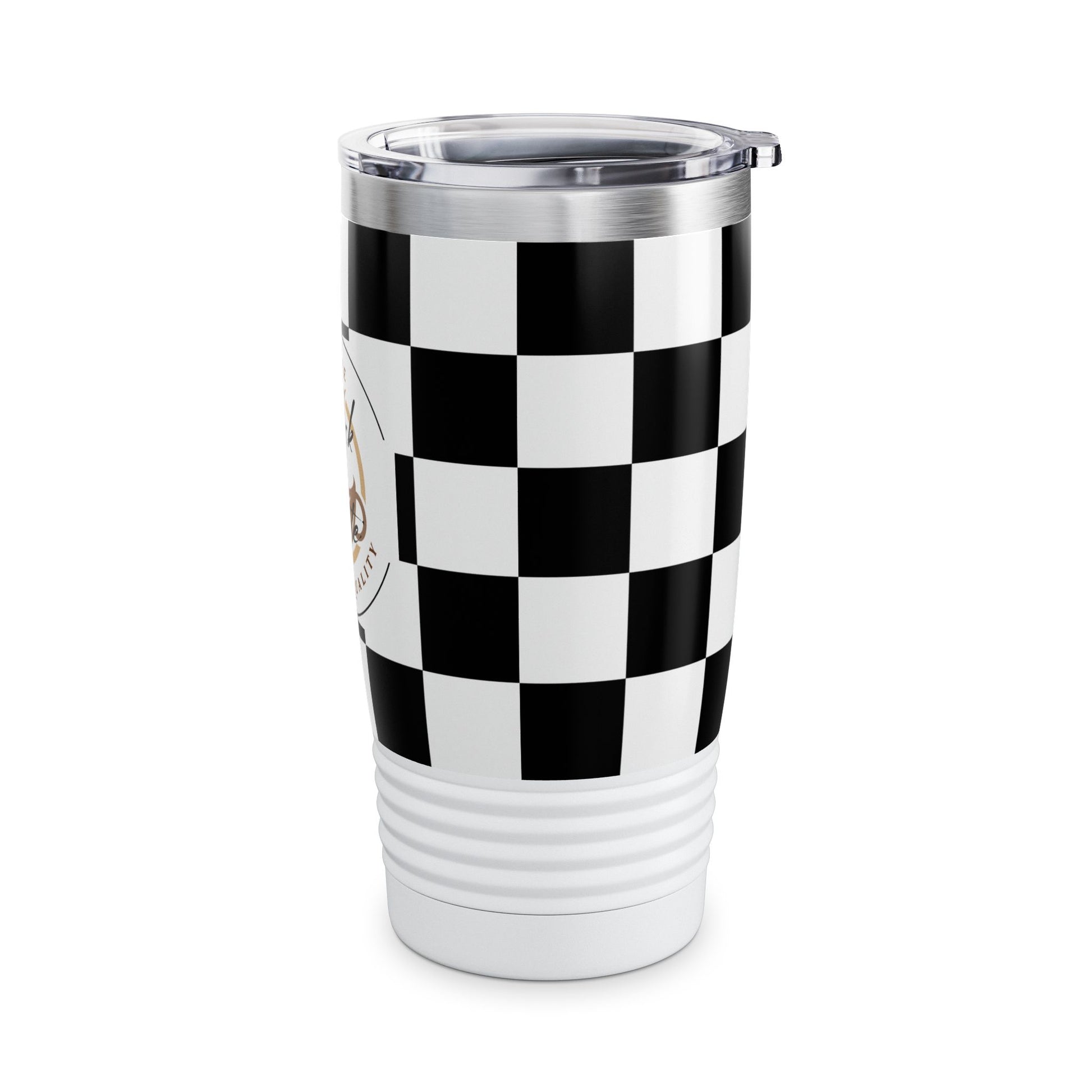 Chic Black & White Checker Print Tumbler 20oz travel mug with spill-resistant lid and double-wall insulation