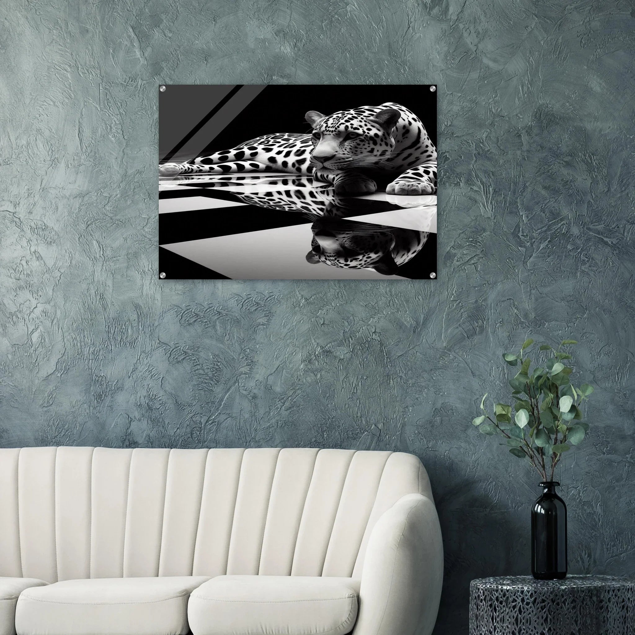 Leopard Acrylic Print on Black and White Checkered Floor – Glossy Finish Wall Art - Print Material -