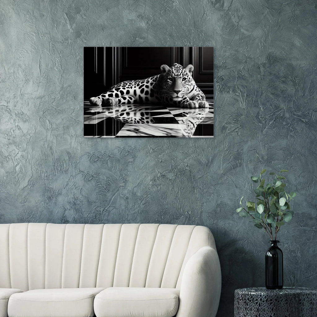 Leopard Canvas Art Print – Striking Design on Black & White Checkered Marble Floor - Print Material -