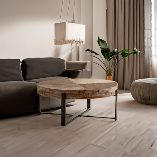 31.29"Modern Retro Splicing Round Coffee Table  Fir Wood Table Top with Cross Legs Metal Base