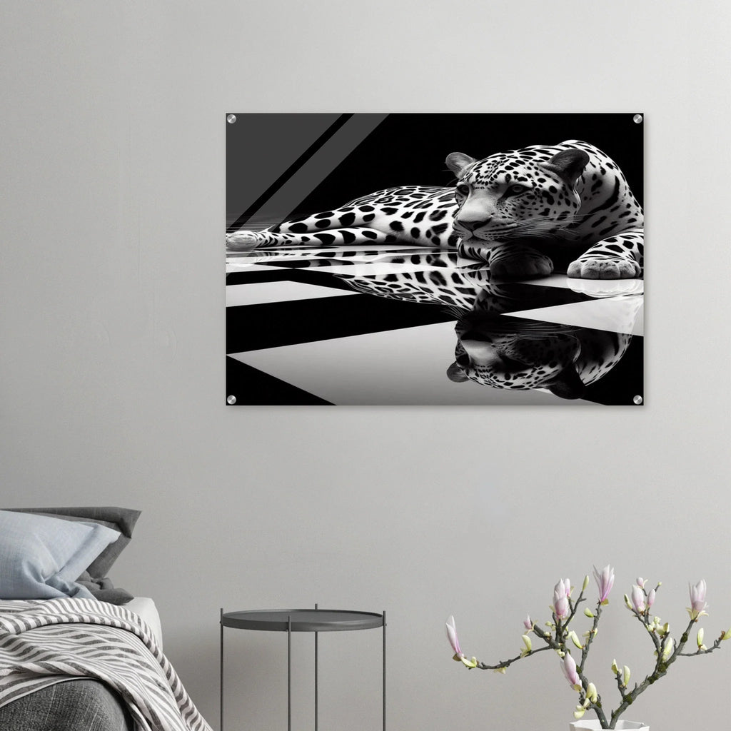Leopard Acrylic Print on Black and White Checkered Floor – Glossy Finish Wall Art - Print Material -