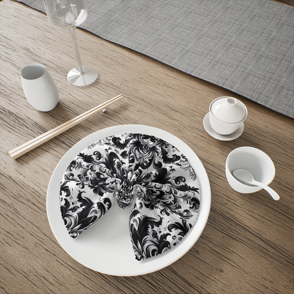 Black and White Damask Cloth Napkins – Elegant Reusable Polyester Table Napkins for Weddings & Events - Napkins -