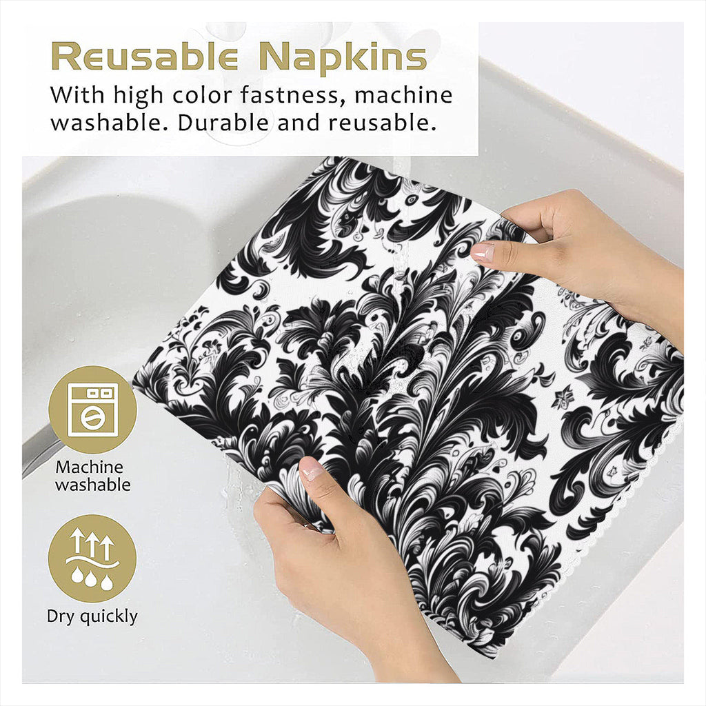 Black and White Damask Cloth Napkins – Elegant Reusable Polyester Table Napkins for Weddings & Events - Napkins -