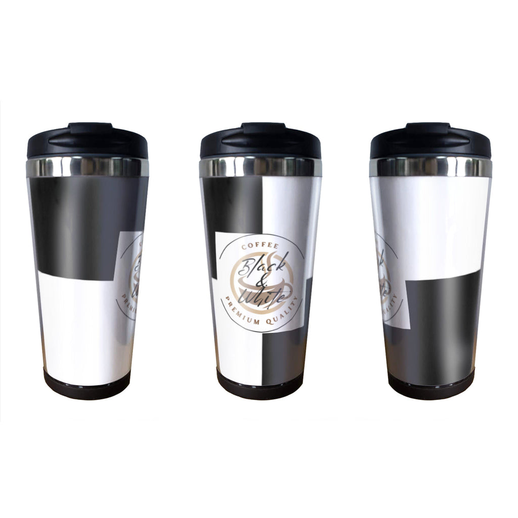 Black & White Insulated Coffee Tumbler – 15oz Stainless Steel Travel Mug with Lid – Spill-Proof Hot & Cold Drink Cup - Car Cups -