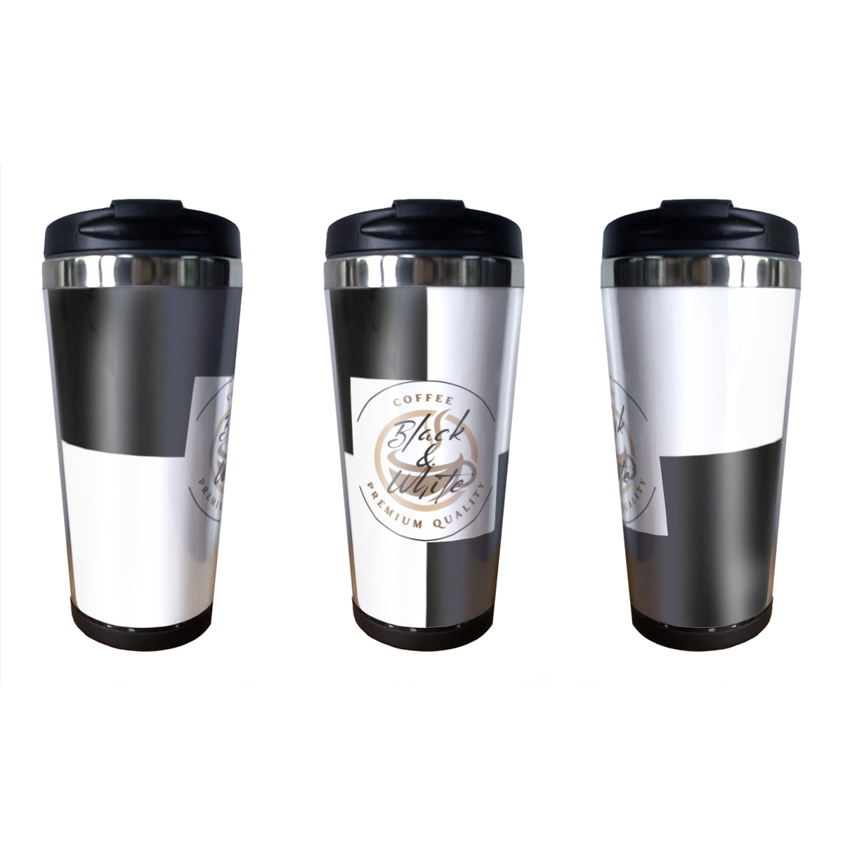 Black & White Insulated Coffee Tumbler – 15oz Stainless Steel Travel Mug with Lid – Spill-Proof Hot & Cold Drink Cup - Car Cups -
