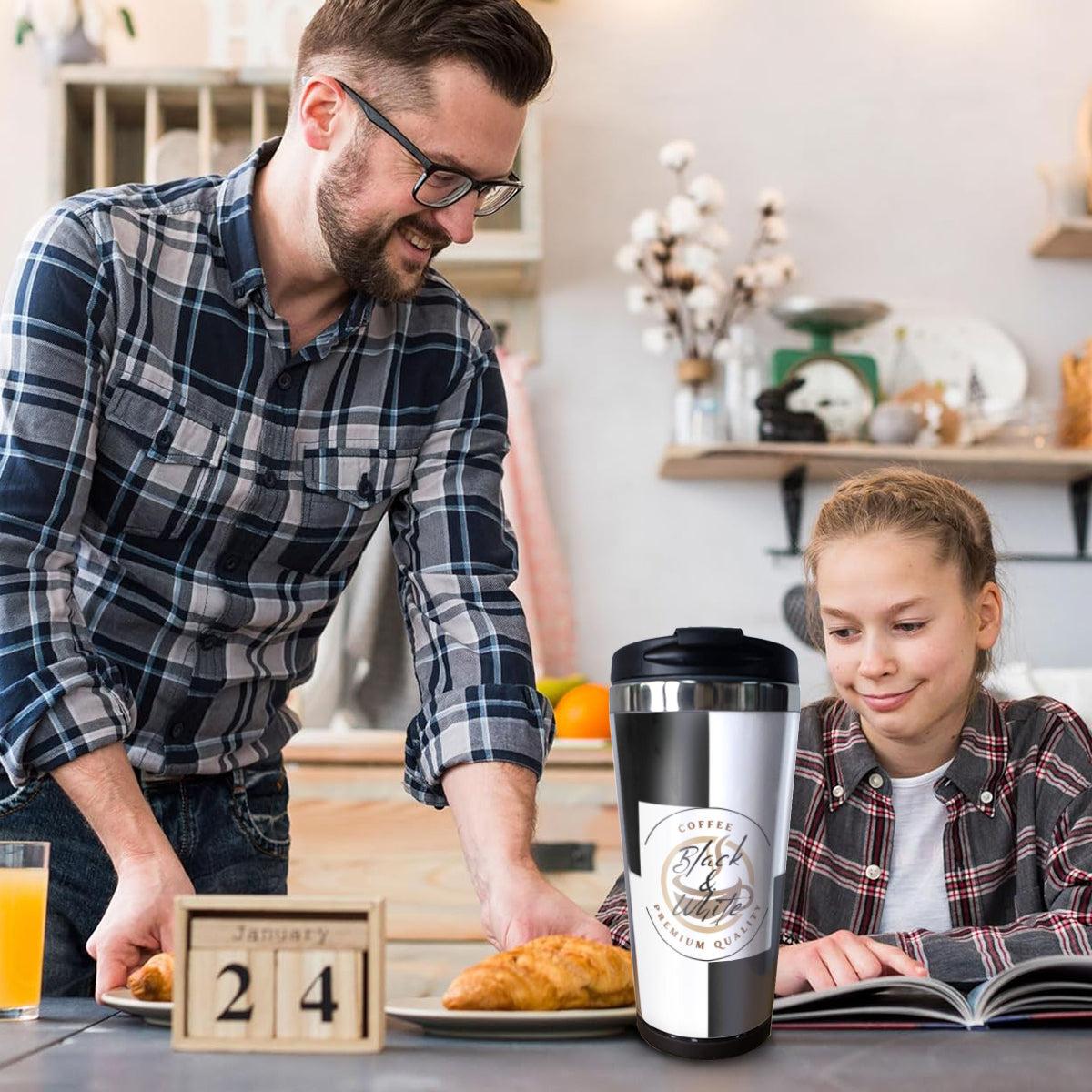 Black & White Insulated Coffee Tumbler – 15oz Stainless Steel Travel Mug with Lid – Spill-Proof Hot & Cold Drink Cup - Car Cups -