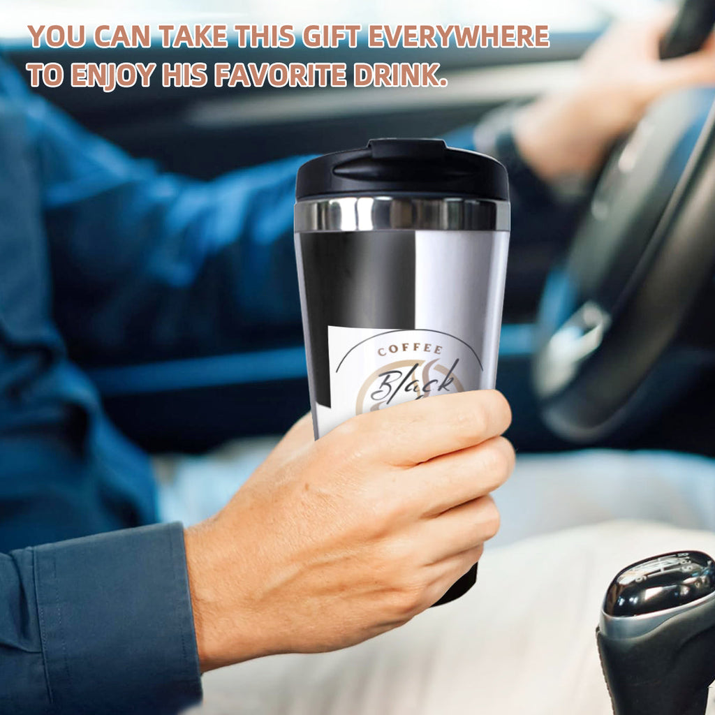 Black & White Insulated Coffee Tumbler – 15oz Stainless Steel Travel Mug with Lid – Spill-Proof Hot & Cold Drink Cup - Car Cups -