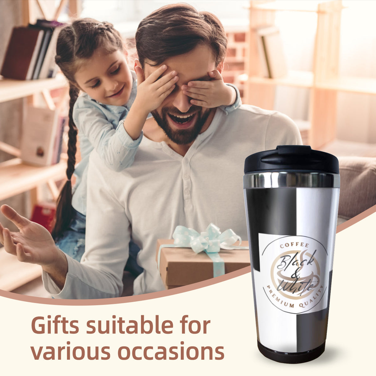 Black & White Insulated Coffee Tumbler – 15oz Stainless Steel Travel Mug with Lid – Spill-Proof Hot & Cold Drink Cup - Car Cups -