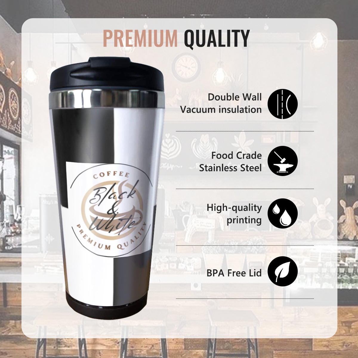 Black & White Insulated Coffee Tumbler – 15oz Stainless Steel Travel Mug with Lid – Spill-Proof Hot & Cold Drink Cup - Car Cups -