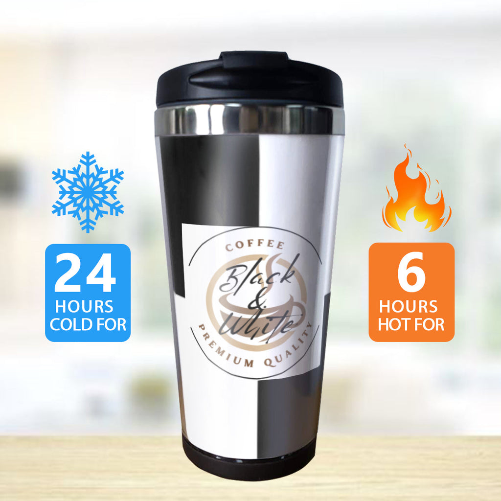Black & White Insulated Coffee Tumbler – 15oz Stainless Steel Travel Mug with Lid – Spill-Proof Hot & Cold Drink Cup - Car Cups -