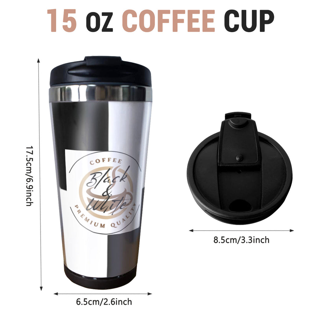 Black & White Insulated Coffee Tumbler – 15oz Stainless Steel Travel Mug with Lid – Spill-Proof Hot & Cold Drink Cup - Car Cups -