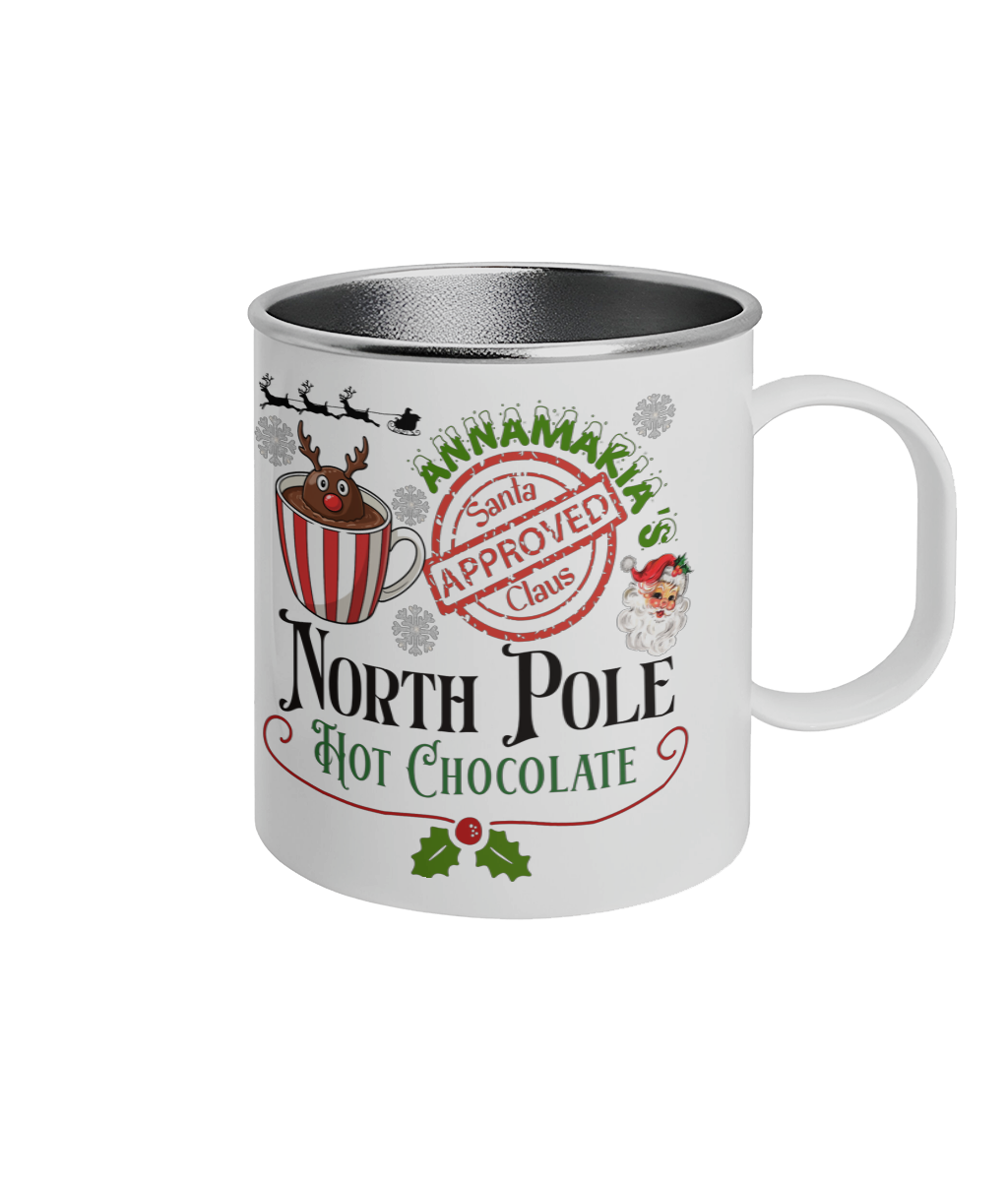 Personalized Christmas North Pole Hot Chocolate Mug Stainless Steel Cup, Custom Holiday Cocoa Mug by BlackAndWhiteLux Store