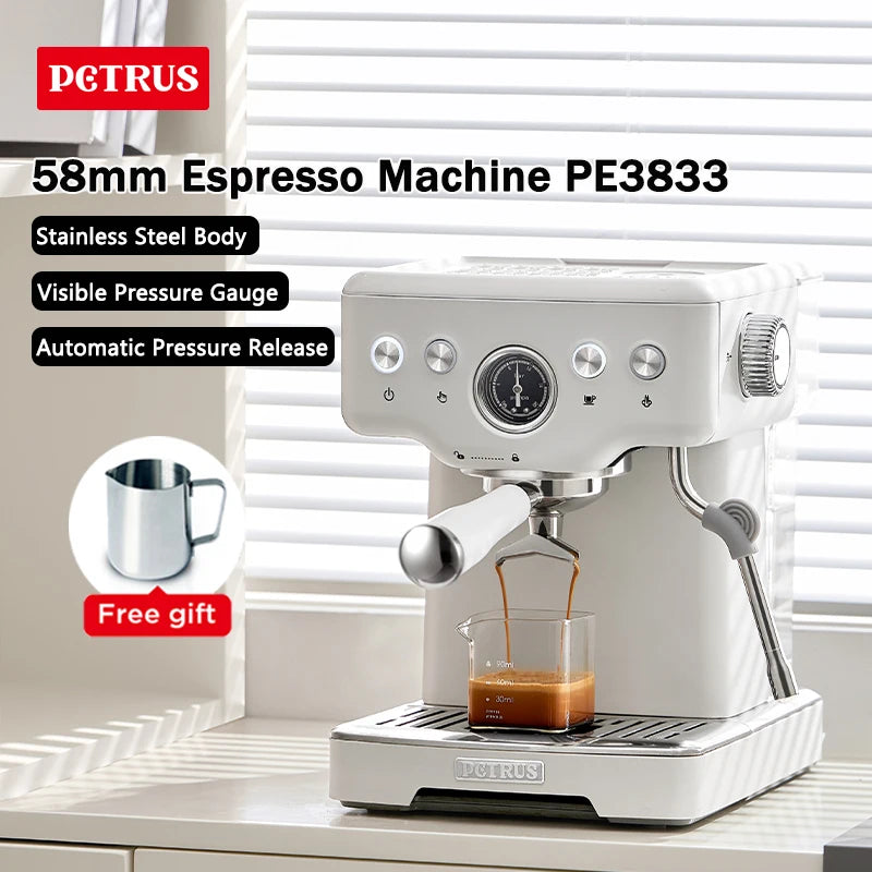 Petrus Espresso Coffee Machine Stainless Steel Coffee Maker With 58MM Portafilter Commercial Steam Wand Milk Frother(220V) by BlackAndWhiteLux Store
