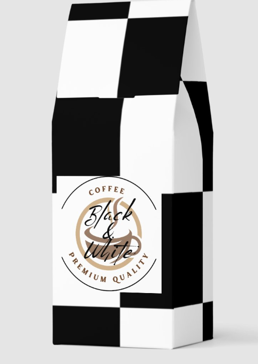 A bag of "Black & White" coffee in a black-and-white checkerboard pattern.