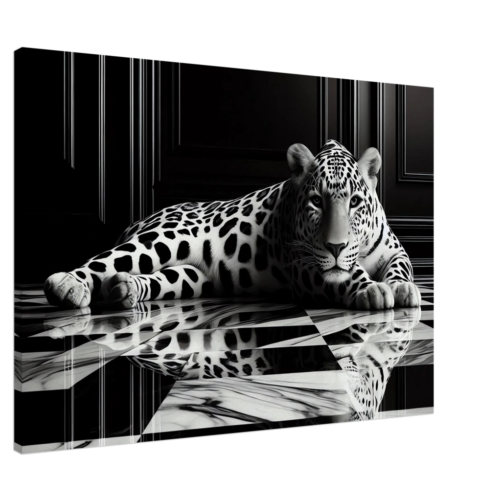Leopard Canvas Art Print – Striking Design on Black & White Checkered Marble Floor - Print Material -