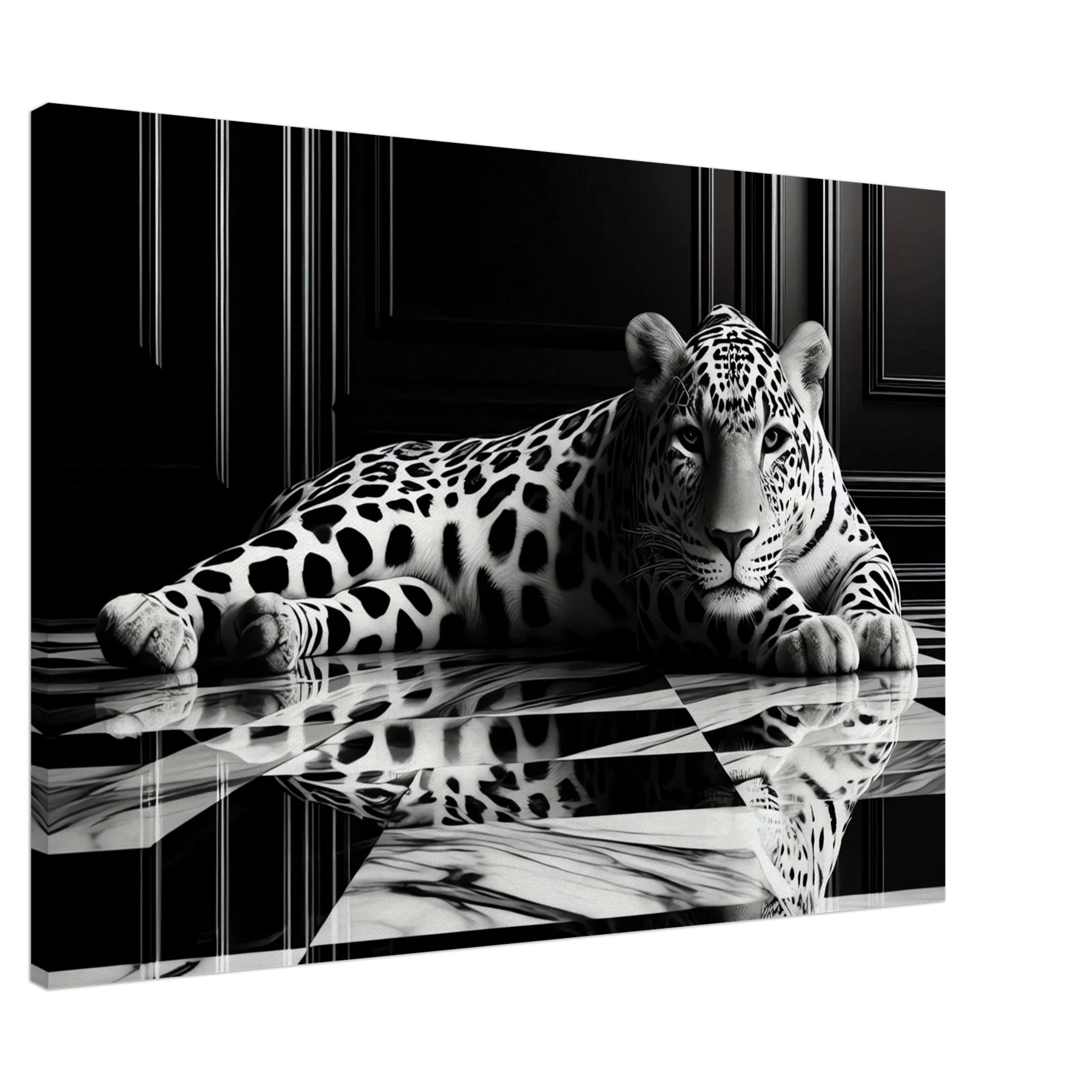 Leopard Canvas Art Print – Striking Design on Black & White Checkered Marble Floor - Print Material -