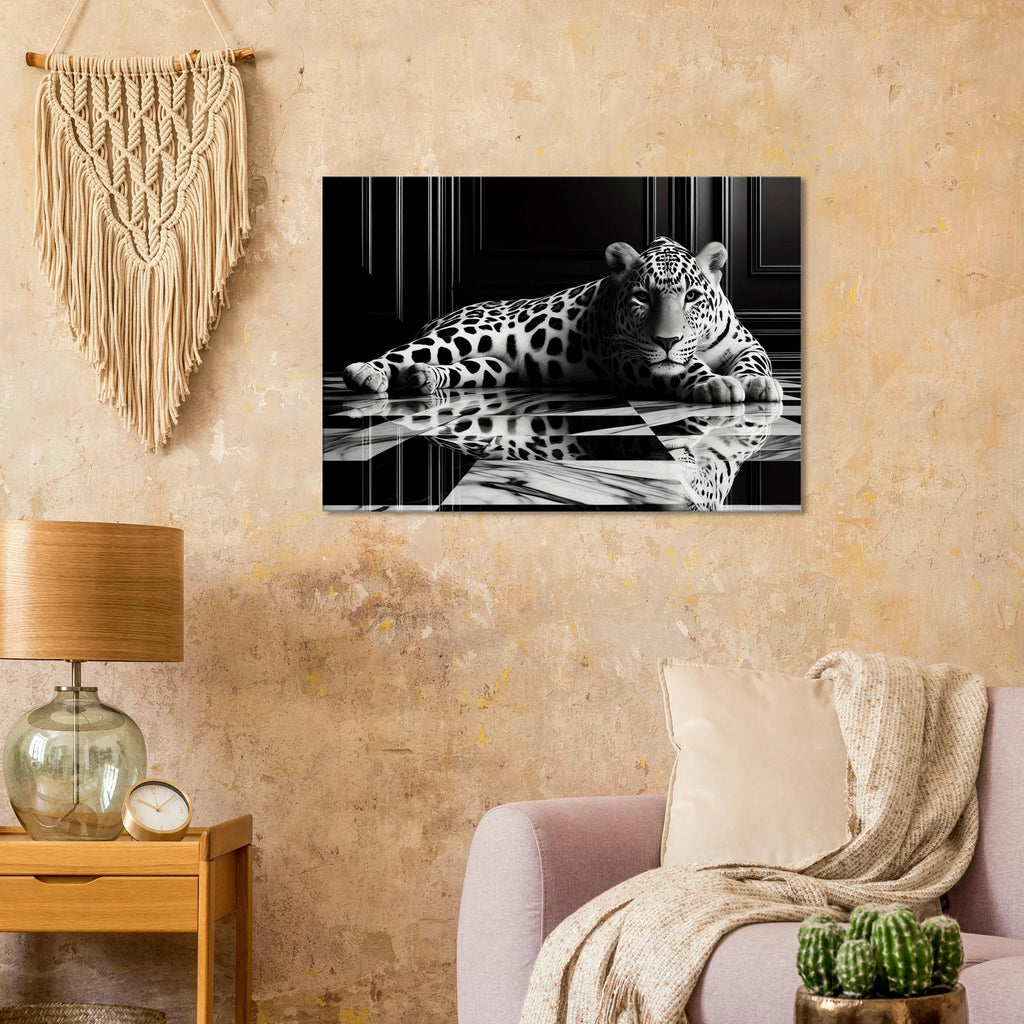 Leopard Canvas Art Print – Striking Design on Black & White Checkered Marble Floor - Print Material -
