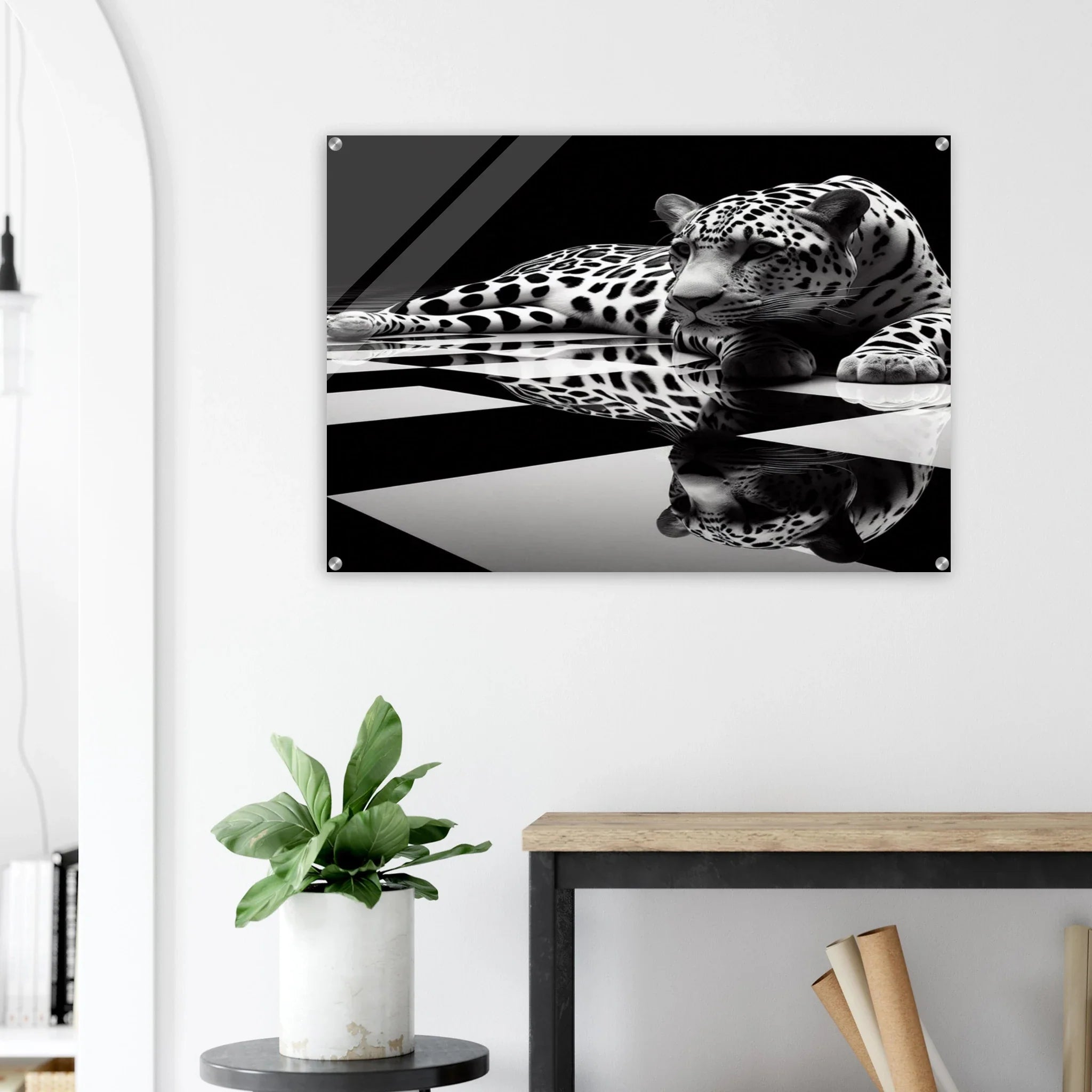 Leopard Acrylic Print on Black and White Checkered Floor – Glossy Finish Wall Art - Print Material -