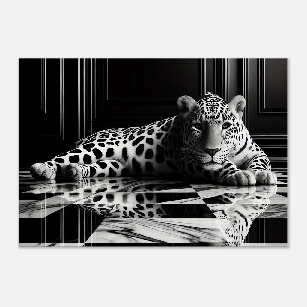 Leopard Canvas Art Print – Striking Design on Black & White Checkered Marble Floor - Print Material -