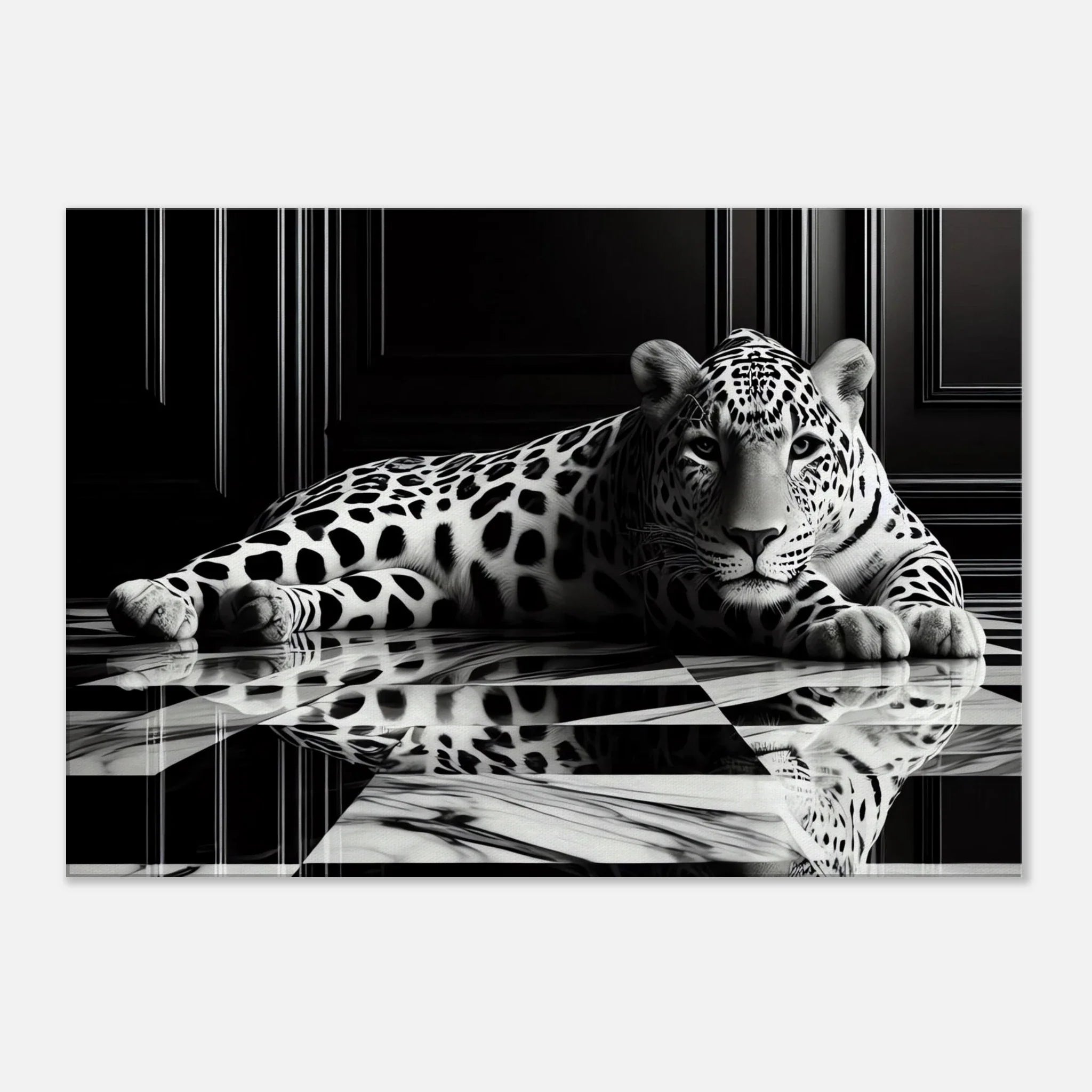 Leopard Canvas Art Print – Striking Design on Black & White Checkered Marble Floor - Print Material -