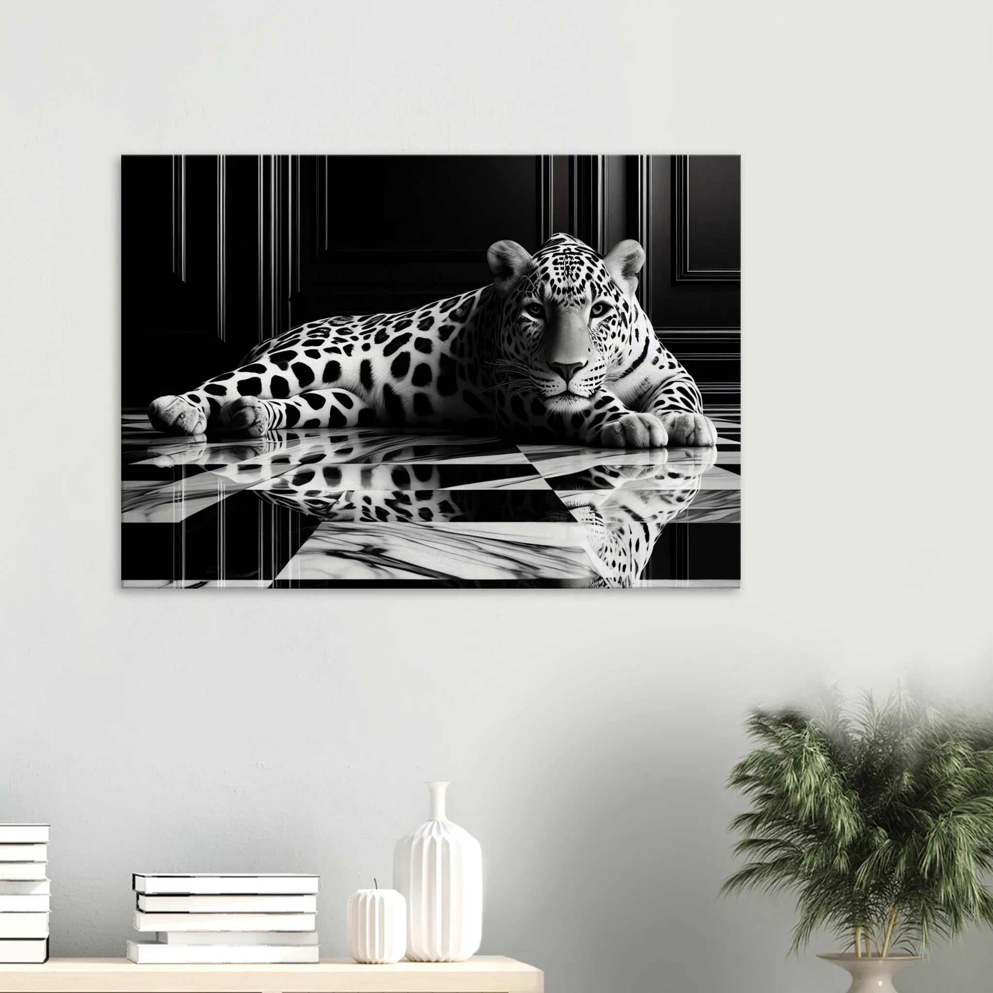 Leopard Canvas Art Print – Striking Design on Black & White Checkered Marble Floor - Print Material -