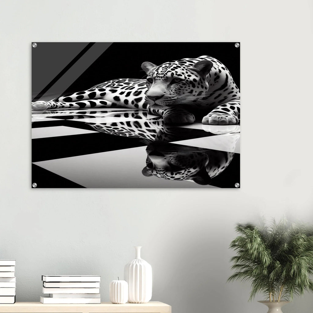Leopard Acrylic Print on Black and White Checkered Floor – Glossy Finish Wall Art - Print Material -