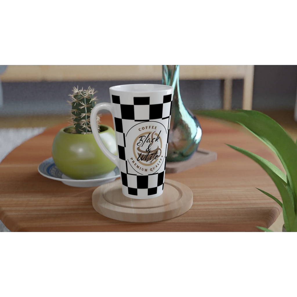 Elegant Black and White Checkered Ceramic Latte Mug - 17oz Coffee Cup - Print Material -