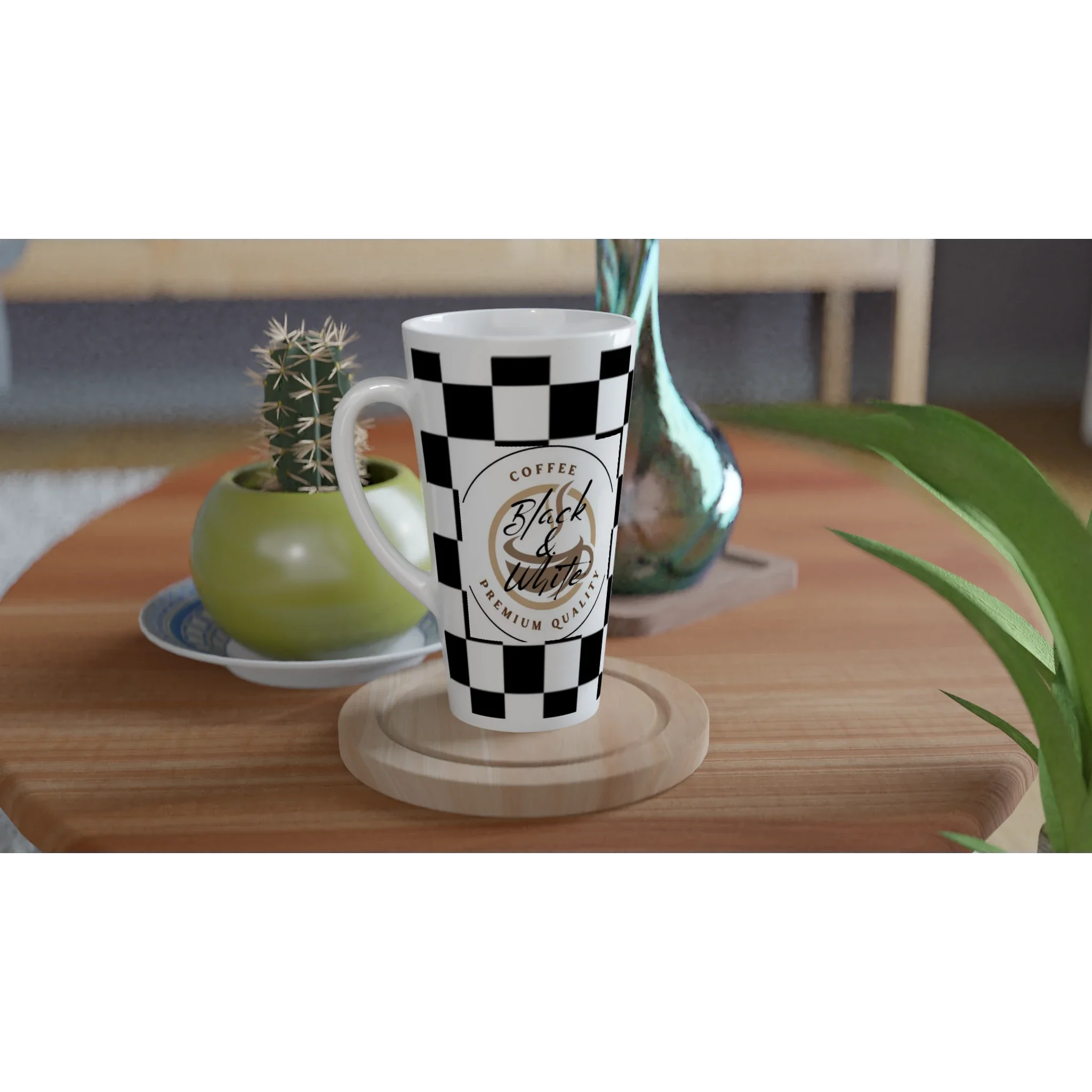 Elegant Black and White Checkered Ceramic Latte Mug - 17oz Coffee Cup - Print Material -